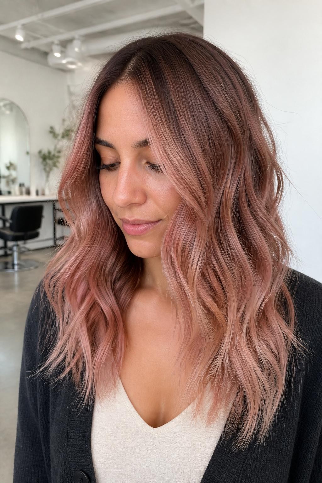 A realistic salon portrait of a woman with light olive skin and medium-length wavy hair, rosewood strawberry blonde color melt, muted rose-brown roots, roots blending into soft strawberry-beige mid-lengths, delicate dusty copper and blush-gold ribbons through the front layers, creamy rose-blonde ends, no vivid pink or burgundy sections, center part, loose uneven bends, charcoal cardigan over a cream top, pale salon interior, diffused daylight, realistic tonal transition, natural flyaways, soft matte shine.