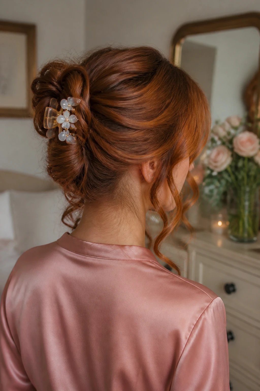 Image Prompt:
A realistic romantic hairstyle photo of a woman with medium-length auburn hair styled into a loose claw clip updo, soft curled tendrils around the face and neck, warm copper tones, floral claw clip securing the twist, blush satin blouse, softly blurred bedroom background with flowers on a dresser, feminine special occasion hairstyle inspiration, warm natural lighting, high-resolution DSLR photo, no text, (no watermarks on images)