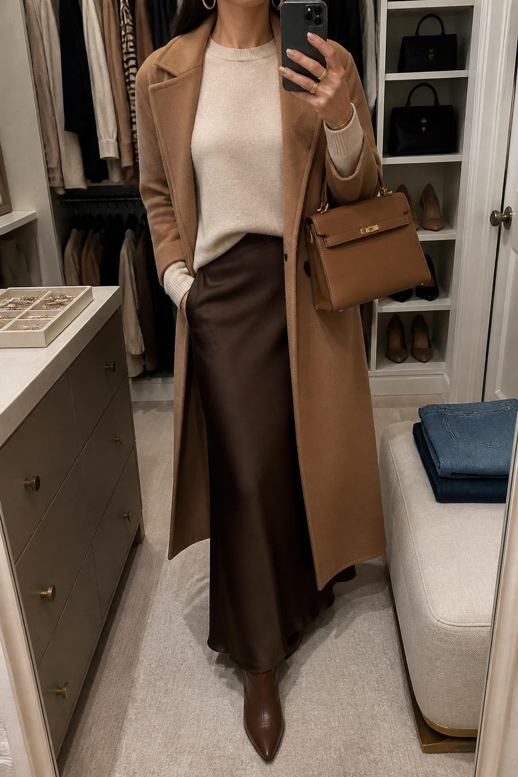 mirror selfie of a woman wearing the exact outfit described above, clearly showing a chocolate brown satin maxi skirt, cream cashmere sweater tucked softly at the front, brown pointed ankle boots, camel wool coat worn open, tan structured handbag, and gold hoop earrings, holding a phone in front of a mirror, cropped at NECK so the face does not show, with a relaxed casual selfie pose, in a walk-in closet mirror, soft indoor lighting, with a jewelry tray on the vanity and folded denim jeans on a bench, latest iPhone photo quality.