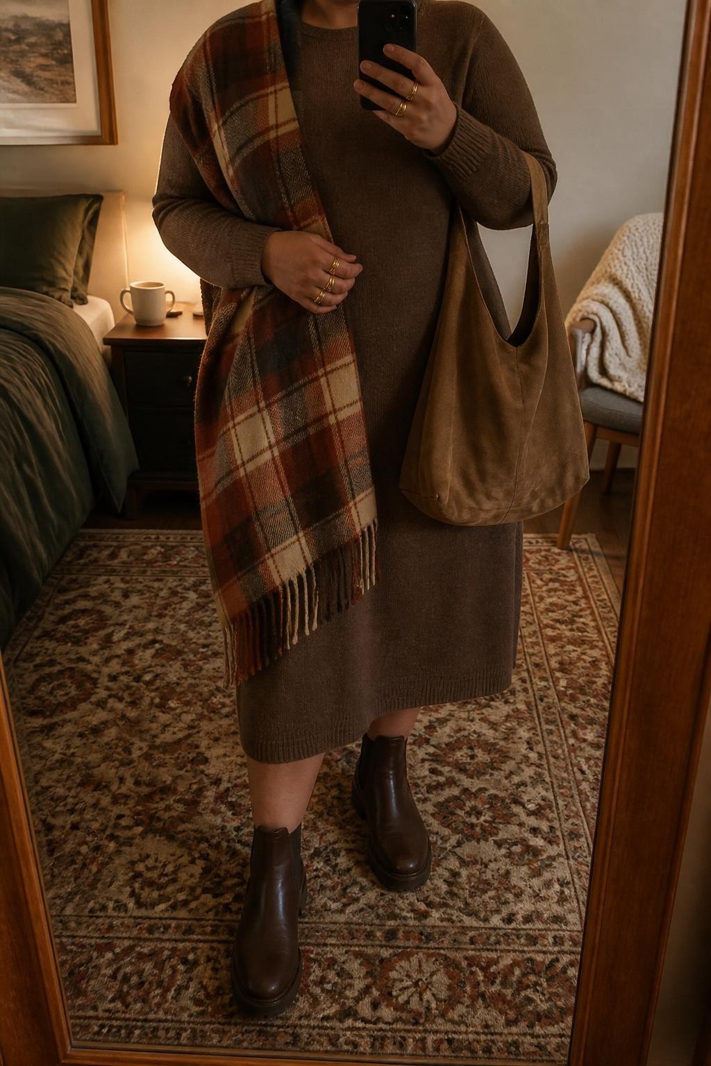 mirror selfie of a plus size woman wearing the exact outfit described above, a mocha brown straight midi sweater dress, rust cream and brown plaid blanket scarf draped over one shoulder, dark brown leather Chelsea boots, tan suede slouchy tote bag, and warm gold stacked rings, clearly showing the same clothing items, colors, fabrics, and accessories listed in the Outfit Pieces section, holding a phone in front of a mirror, cropped at NECK so the face does not show, with a relaxed casual selfie pose, in a cozy bedroom mirror setup, warm moody lighting, including a coffee mug on a bedside table and a folded blanket on a chair, latest iPhone photo quality.