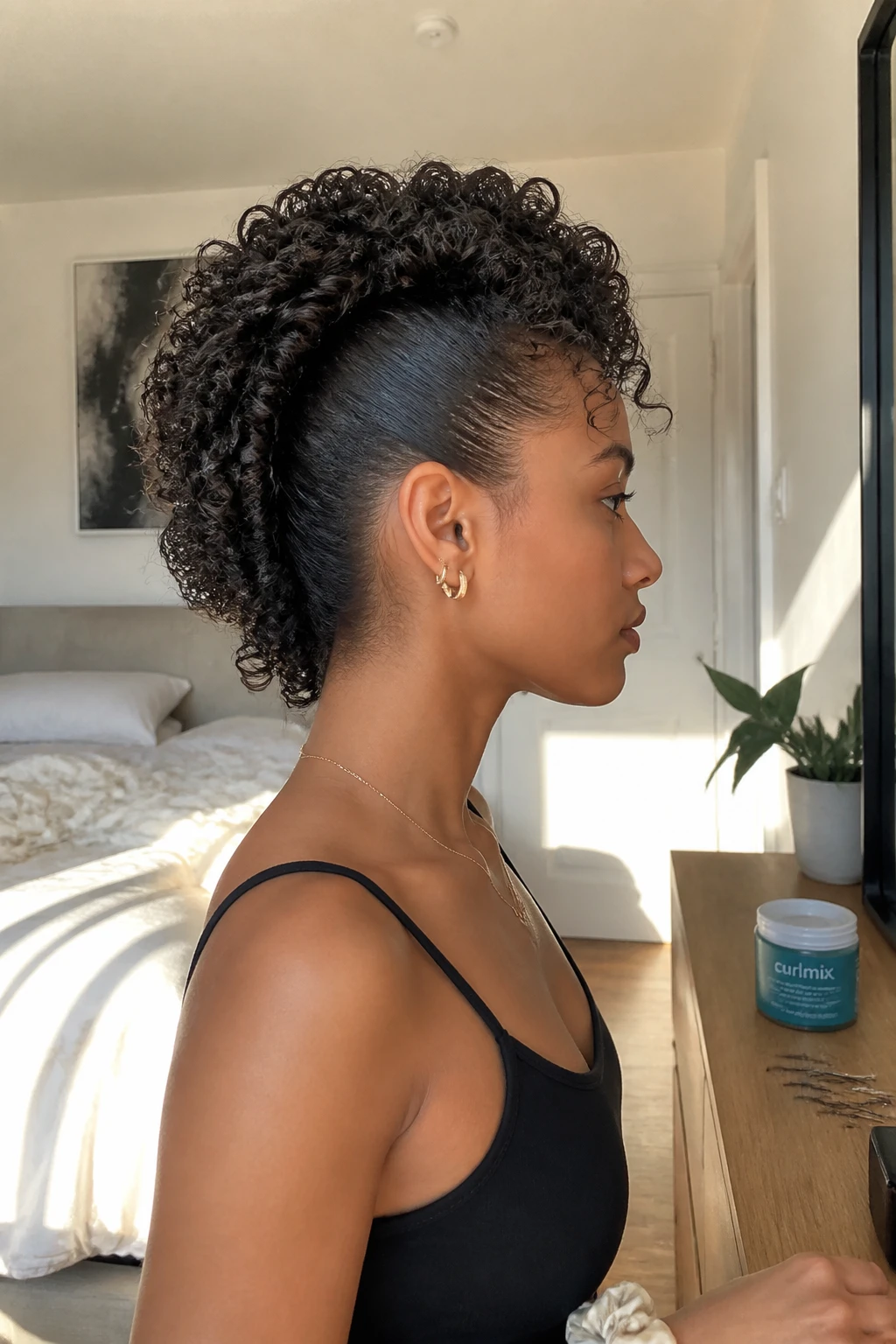 Image prompt
Photo of a woman wearing a soft pinned curly mohawk with both sides tucked smoothly toward the centre and full defined curls running from the forehead to the nape, side profile view highlighting the raised curl shape, standing in a sun-drenched bedroom, natural window light, containing a small lived-in detail such as bobby pins on the dresser, a curl cream jar nearby, and a silk scrunchie on her wrist, realistic getting-ready moment, latest iPhone photo quality.