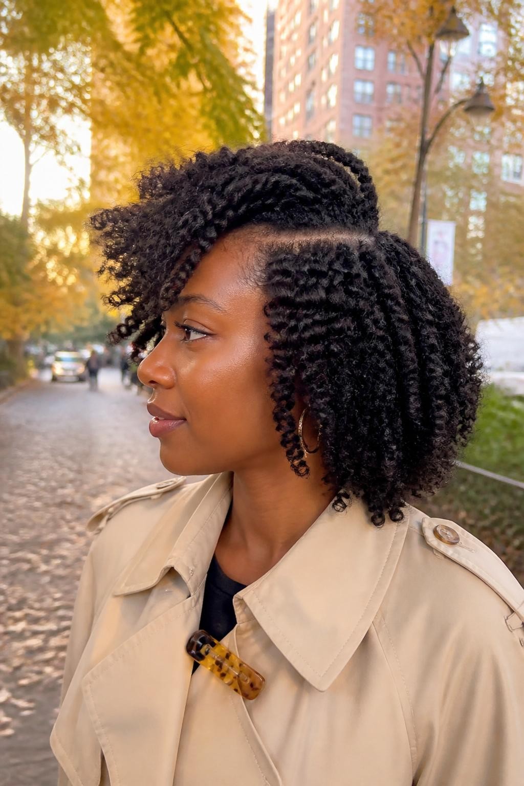 Photo of a Black woman wearing a rounded shoulder-length twist-out lob with defined bends, a deep side part, and fluffy volume concentrated on one side, candid side-profile view against a softly blurred city street with amber fall trees, golden hour glow, small tortoiseshell clip attached to her trench coat collar and hoop earrings peeking through, realistic natural hair texture, latest iPhone photo quality.
