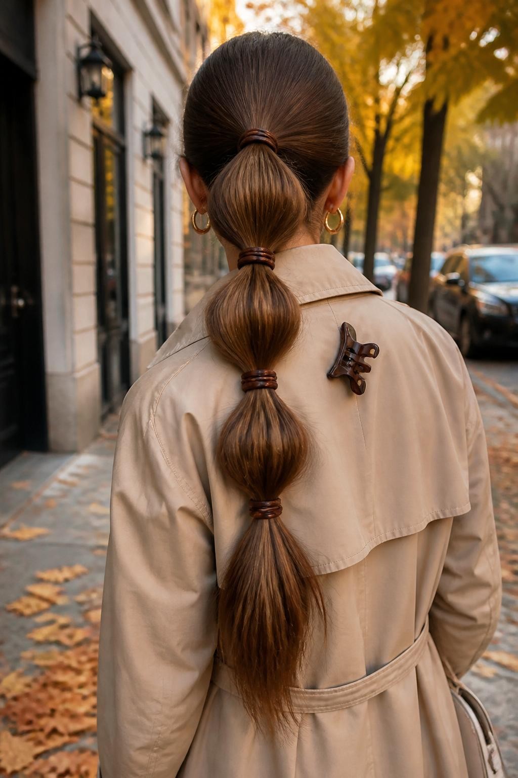 Photo of a woman wearing waist-length hair styled into a high bubble ponytail with four softly rounded sections, each divided by a narrow chocolate-brown velvet tie, back-of-head view against a softly blurred city street with fallen leaves, warm golden hour glow, hair clip attached to her trench coat collar and small hoop earrings peeking through, realistic candid walking photo, latest iPhone photo quality.
