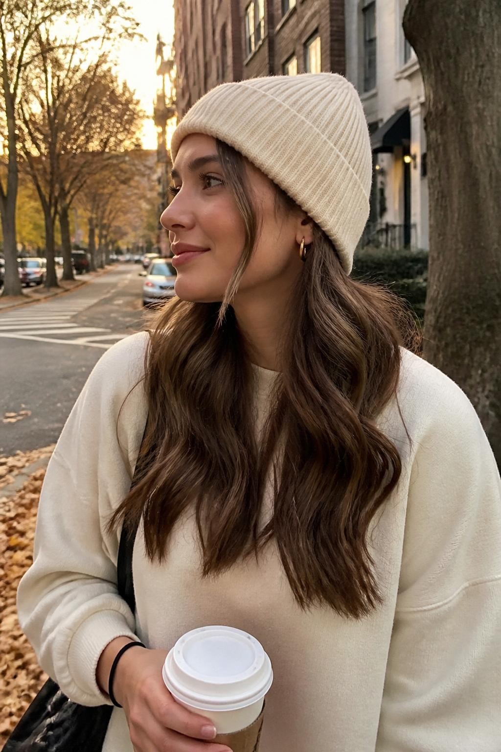 Image prompt: Photo of a woman wearing loose chest-length waves beneath a cream ribbed beanie, with two curved face-framing pieces left outside the hat, candid side-profile view, softly blurred city street background with fallen leaves, golden hour glow, small hoop earrings peeking through and a hair tie around her wrist, realistic cool-weather outing, latest iPhone photo quality.