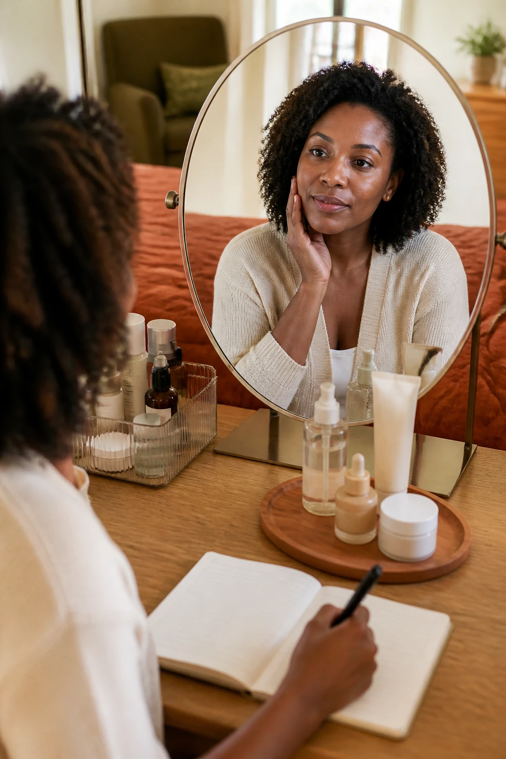 Image Prompt: A realistic DSLR lifestyle photograph of a Black woman with warm brown skin completing a weekly skincare check-in at a softly lit bedroom vanity, examining her clean face in a round mirror while making short notes in a small journal, natural shoulder-length curls, cream cardigan and simple gold studs, cleanser, moisturizer, sunscreen and one treatment product arranged neatly on a wooden tray, several unused products stored away, warm Sunday afternoon light, rust blanket and olive accent chair in the background, natural skin texture and thoughtful expression, polished wellness editorial photography, 50mm lens, no readable notes, no product logos, no text.