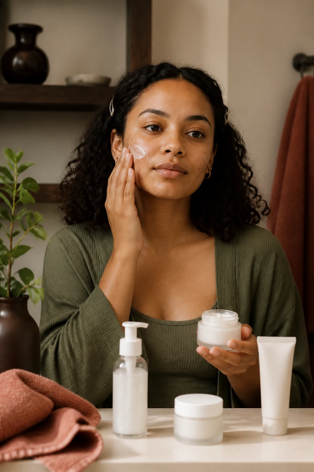 Image Prompt: A realistic skincare photograph of a woman with medium-brown acne-prone skin applying a lightweight moisturizer after cleansing, a few natural blemishes and dark marks visible without retouching, shoulder-length curls clipped away from her face, wearing an olive lounge top, gentle foaming cleanser, non-comedogenic moisturizer and sunscreen arranged on a clean cream vanity, no astringent bottles or rough scrubs in view, warm diffused morning light, walnut shelf and muted rust towel, honest inclusive DSLR beauty editorial photography, 85mm lens, no product labels, no text.