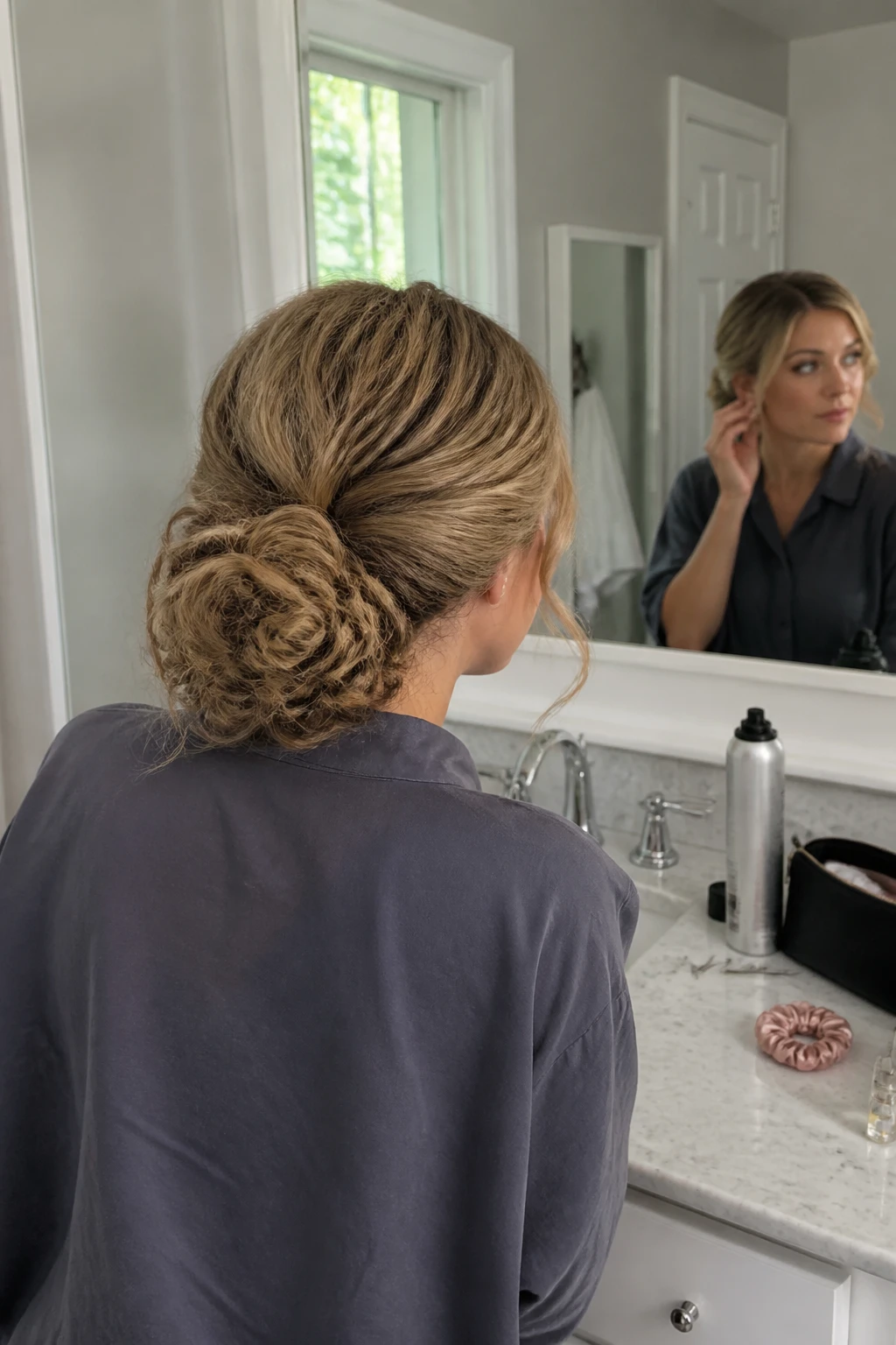 Image prompt

Photo of a woman wearing a low curly loop bun with a rounded textured shape and a softly smoothed crown, back-of-head view highlighting the loop detail, standing at a bathroom vanity mirror, natural window light, containing a small lived-in detail such as bobby pins beside a makeup bag, a curl spray bottle, and a silk scrunchie on the counter, realistic getting-ready moment, latest iPhone photo quality.