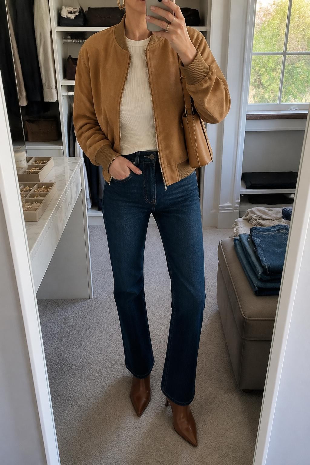 mirror selfie of a woman wearing the exact outfit described above, clearly showing a camel suede bomber jacket layered over a fitted cream ribbed top, dark blue straight-leg jeans, brown pointed ankle boots, a tan leather shoulder bag, and gold hoop earrings, holding a phone in front of a mirror, cropped at NECK so the face does not show, with a relaxed casual selfie pose, in a walk-in closet mirror, natural window light, with a jewelry tray on the vanity and folded denim jeans on a bench, latest iPhone photo quality.
