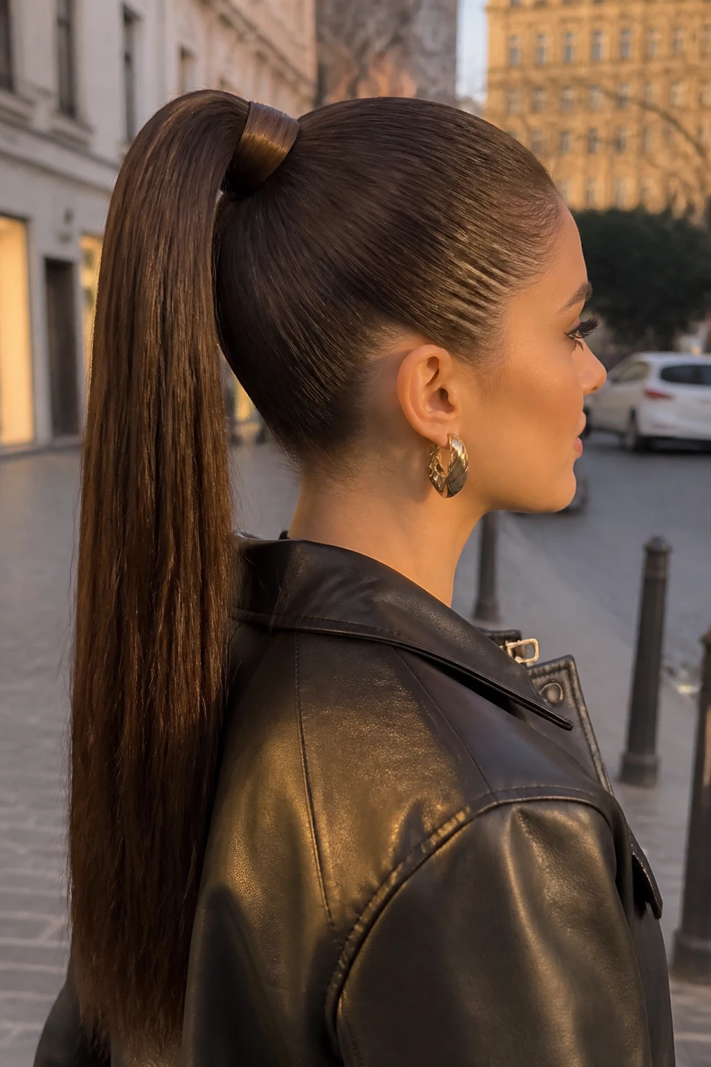 Image prompt
Photo of a woman wearing a sleek high straight ponytail with a smooth base, wrapped hair section, and long glossy tail, side profile view highlighting the lifted shape, standing against a softly blurred city street background, golden hour glow, containing a small lived-in detail such as statement earrings peeking through and a small hair clip attached to her jacket collar, realistic candid photograph, latest iPhone photo quality.
