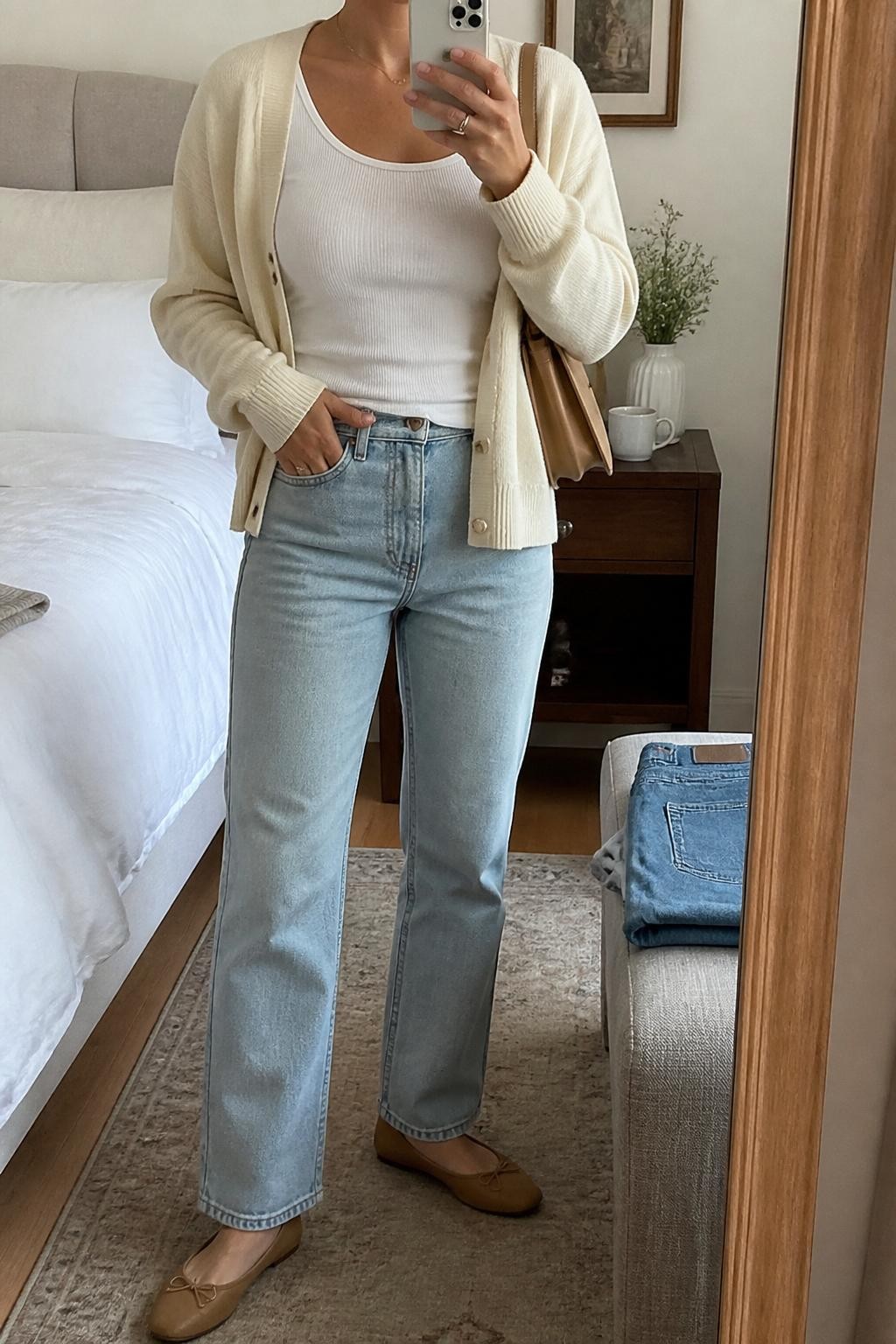 mirror selfie of a woman wearing a cream lightweight cardigan, white fitted ribbed tank top, light-wash straight jeans, tan ballet flats, and a small camel shoulder bag, clearly showing the same clothing items, colors, fabrics, and accessories listed in the Outfit Pieces section, holding a phone in front of a mirror, cropped at NECK so the face does not show, with a relaxed casual selfie pose, in a cozy bedroom mirror setup, natural window light, including a coffee mug on a bedside table and folded denim jeans on a bench, latest iPhone photo quality.