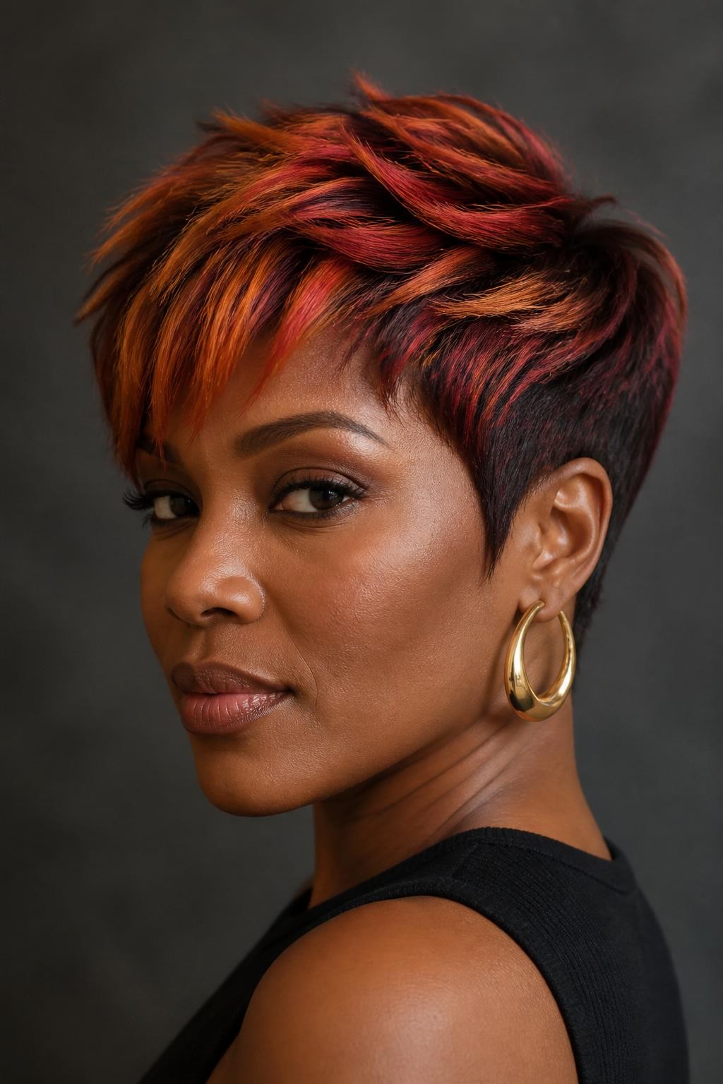 A realistic editorial portrait of a Black woman with warm dark-brown skin wearing a choppy pixie with a long textured crown, deep mahogany root base, separate ribbons of garnet red, penny copper, burnt coral, and amber-bronze painted through individual crown sections, brighter copper concentrated near the fringe, tapered sides kept dark mahogany, no rainbow striping or fluorescent red-orange, piecey lifted texture, natural edges, black sleeveless top, sculptural gold hoops, warm charcoal background, soft directional autumn light, realistic pigment separation, skin texture and natural hair shine.