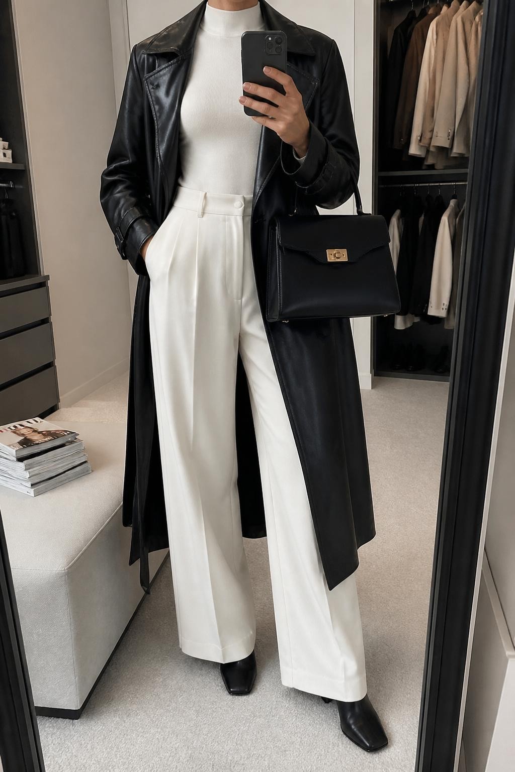 mirror selfie of a woman wearing a long black leather trench coat, fitted ivory mock-neck sweater, ivory high-waisted wide-leg trousers, black square-toe ankle boots, and a structured black leather handbag, clearly showing the same clothing items, colors, fabrics, and accessories listed in the Outfit Pieces section, holding a phone in front of a mirror, cropped at NECK so the face does not show, with a relaxed casual selfie pose, in a walk-in closet mirror, soft indoor lighting, including an open closet with clothes visible and a stack of fashion magazines on a bench, latest iPhone photo quality.