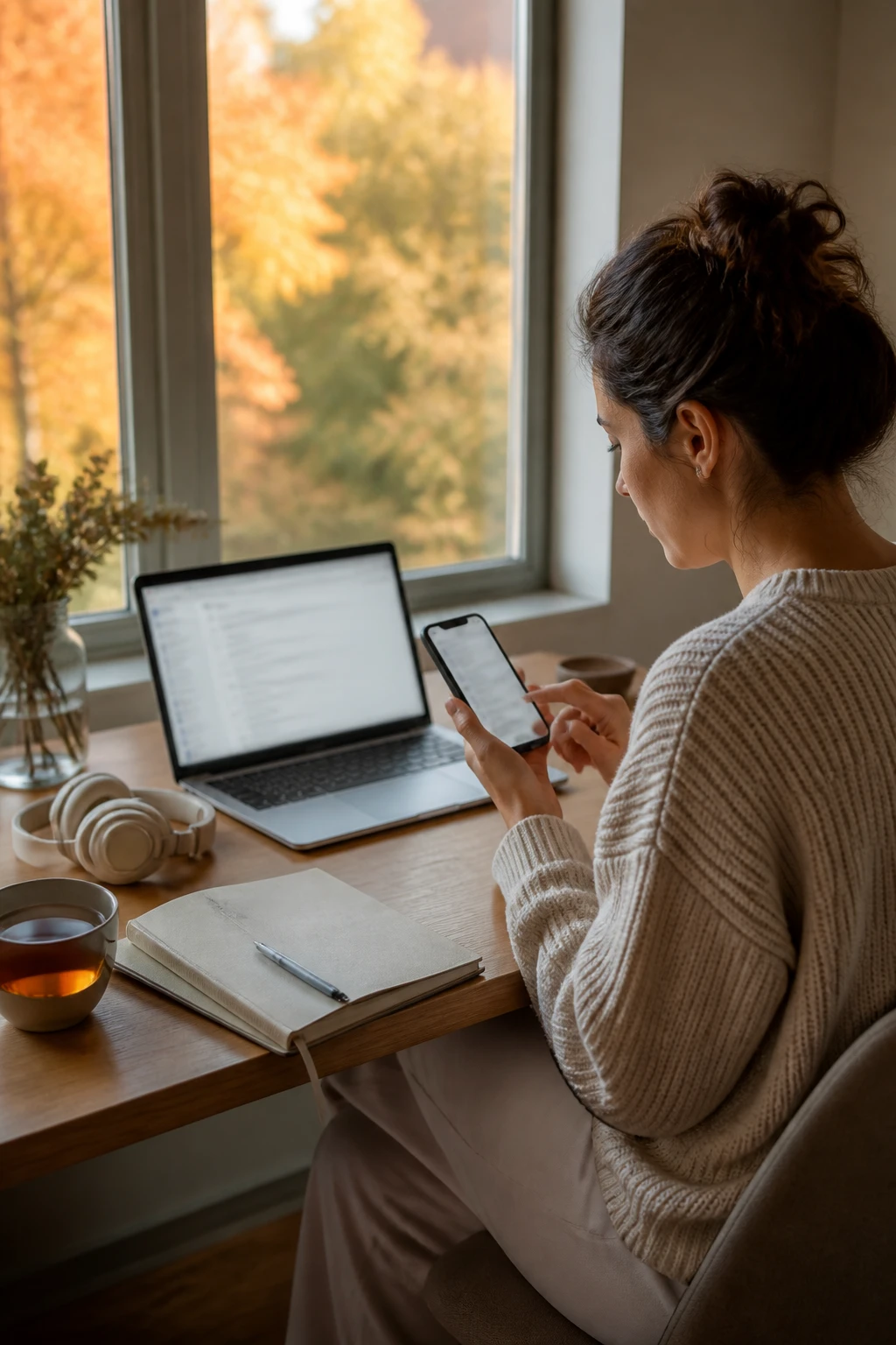 Image Prompt: A realistic lifestyle photograph of a woman completing a Sunday digital reset at a tidy desk near a fall window, reviewing her laptop inbox while deleting old notifications from a smartphone, both screens softly blurred with no readable content, wearing an oatmeal sweater and comfortable trousers, small notebook, tea and wireless headphones beside her, golden trees outside, warm late-afternoon natural light, minimal wooden workspace, calm focused posture, editorial DSLR productivity photography, 50mm lens, no logos, no text.