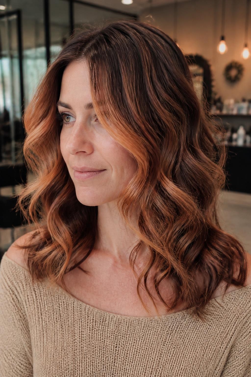 A realistic salon portrait of a woman with fair neutral skin and medium-length loose curls, smoked apricot balayage over a muted chestnut-brown base, soft cinnamon root shadow, dusty apricot and antique copper ribbons painted from the mid-lengths, lighter peach-gold pieces around the front, deeper bronze lowlights through the interior, softly darkened ends on selected curls, no vivid orange or flat red coating, natural curl separation, beige knit top, blurred modern salon background, diffused daylight, realistic pigment variation and subtle flyaways.