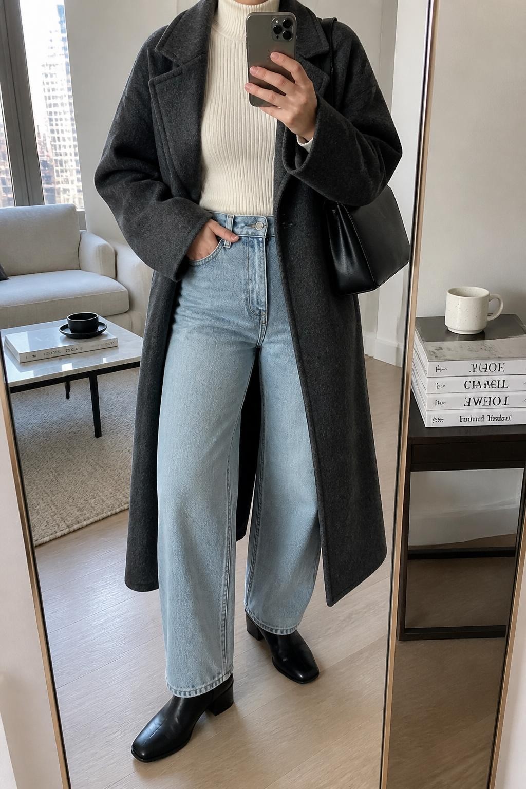 Mirror selfie of a woman wearing a long oversized charcoal gray wool coat over a fitted ivory ribbed turtleneck, high-waisted light-wash barrel-leg jeans, polished black leather ankle boots with a low block heel, and a structured black leather shoulder bag, clearly showing the exact clothing items, colors, fabrics, and accessories listed, holding a latest-model iPhone in front of a mirror, cropped at the neck so the face does not show, relaxed casual selfie pose, in a stylish city apartment with natural window light, a stack of fashion magazines on a side table and a coffee mug nearby, natural uncluttered composition, latest iPhone photo quality.