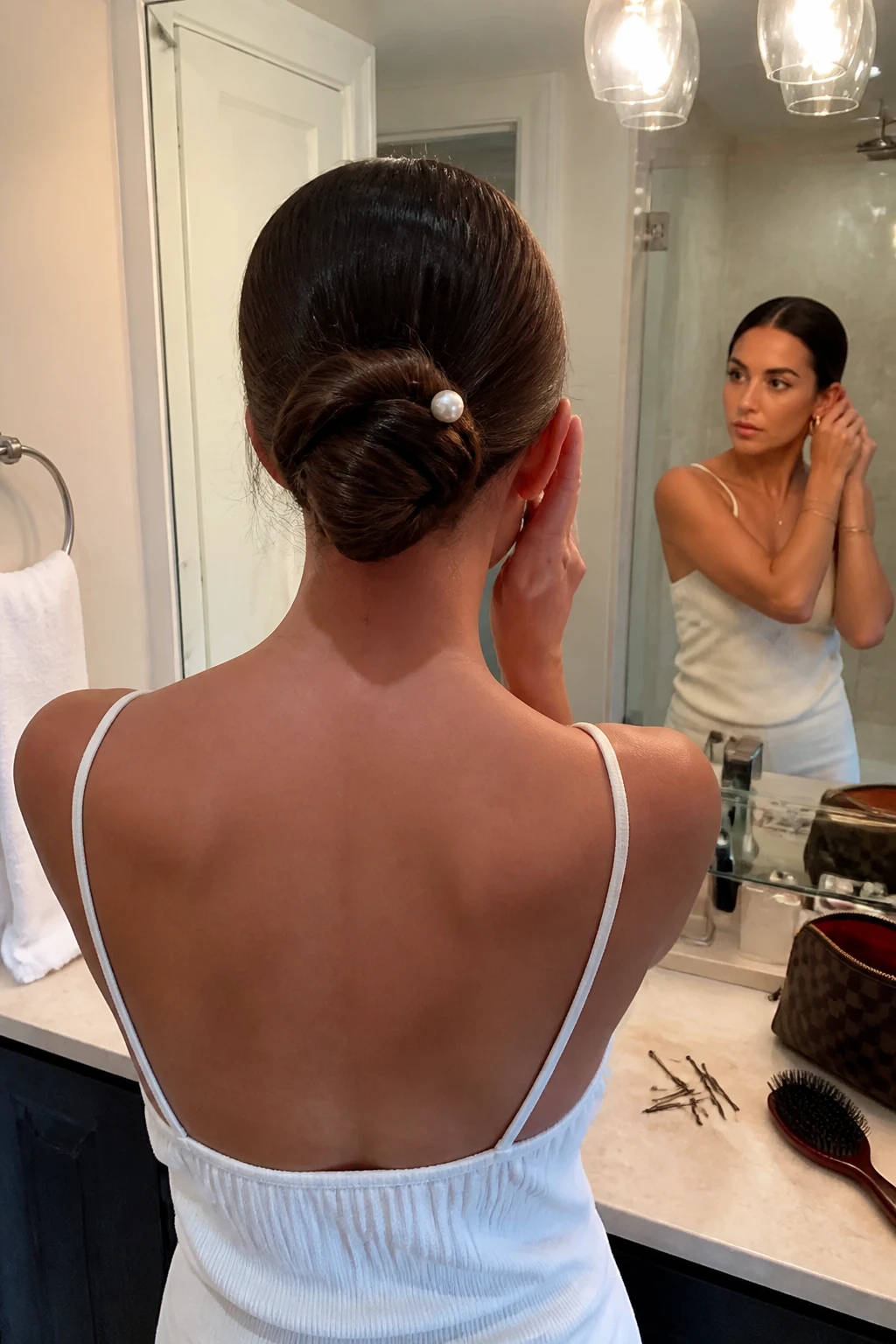 Image prompt
Photo of a woman wearing a sleek low twisted bun with a clean middle part and smooth crown, back-of-head view highlighting the twist and a discreet pearl pin, standing at a bathroom vanity mirror, soft indoor lighting, containing a small lived-in detail such as bobby pins scattered beside a makeup bag and a hairbrush on the counter, realistic getting-ready moment, latest iPhone photo quality.
