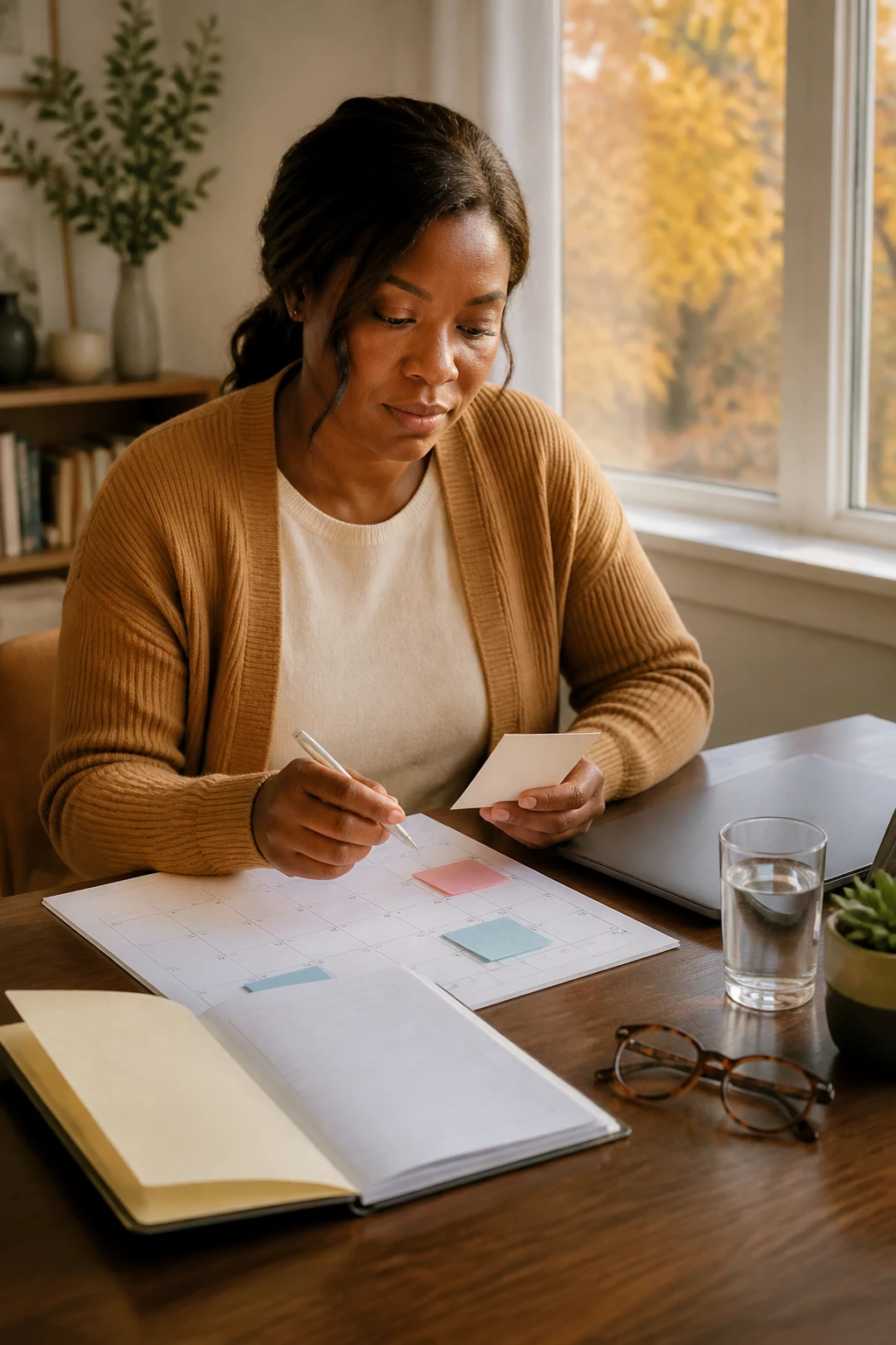 Image Prompt: A clean realistic lifestyle photograph of a Black woman with medium-deep brown skin reviewing her health appointments at a tidy home desk, wearing a camel cardigan and simple cream top, paper calendar, appointment card, health insurance folder and pen arranged neatly beside a closed laptop, glass of water and reading glasses nearby, warm afternoon sunlight, golden fall trees visible through the window, organized but natural setting, premium DSLR editorial photography, 50mm lens, no readable personal information, no medical branding, no text.