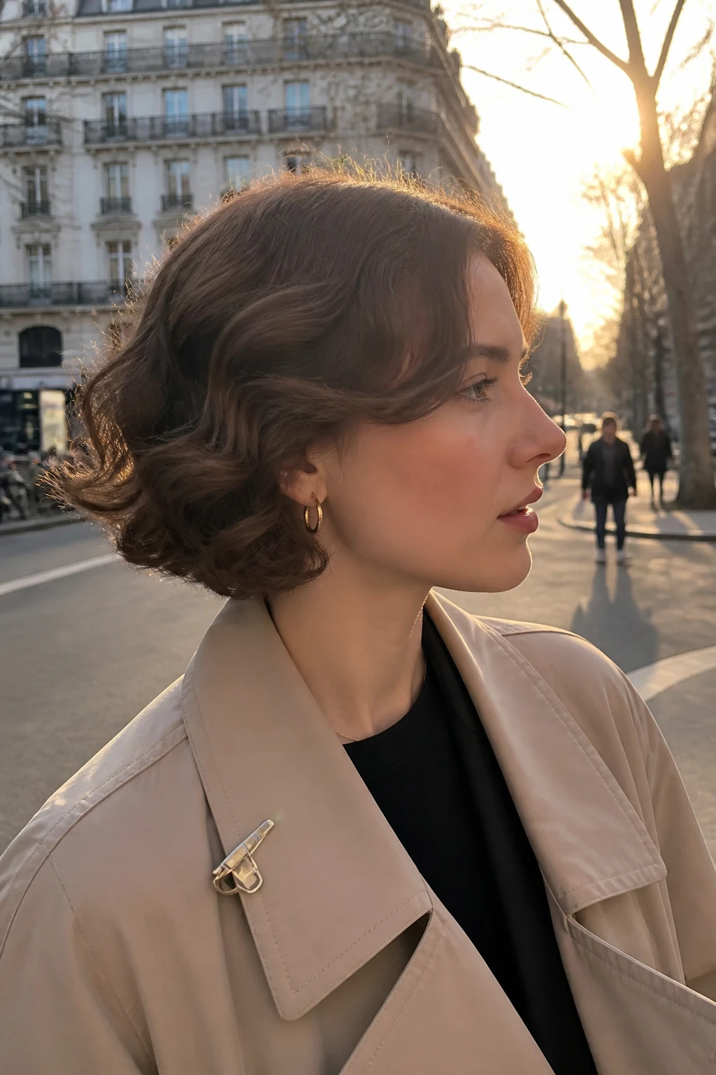 Image prompt

Photo of a woman wearing a short curly bob with softly flipped-out ends, smooth roots, and loose vintage-inspired curls around the jaw, side profile view against a softly blurred city street background, golden hour glow, containing a small lived-in detail such as small hoop earrings and a hair clip clipped to her coat collar, realistic candid photograph, latest iPhone photo quality.
