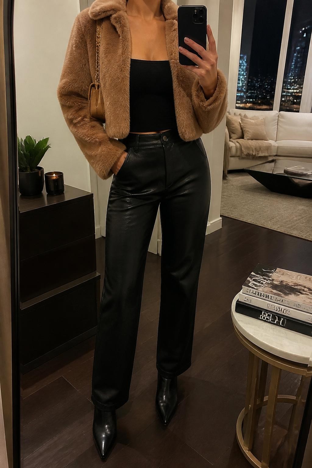 mirror selfie of a woman wearing the exact outfit described above, clearly showing a caramel cropped faux fur jacket layered over a fitted black square-neck top, black leather straight-leg pants, black pointed ankle boots, and a caramel mini shoulder bag, holding a phone in front of a mirror, cropped at NECK so the face does not show, with a relaxed casual selfie pose, in a stylish city apartment, warm moody lighting, with a small plant on a dresser and a stack of fashion magazines on a side table, latest iPhone photo quality.