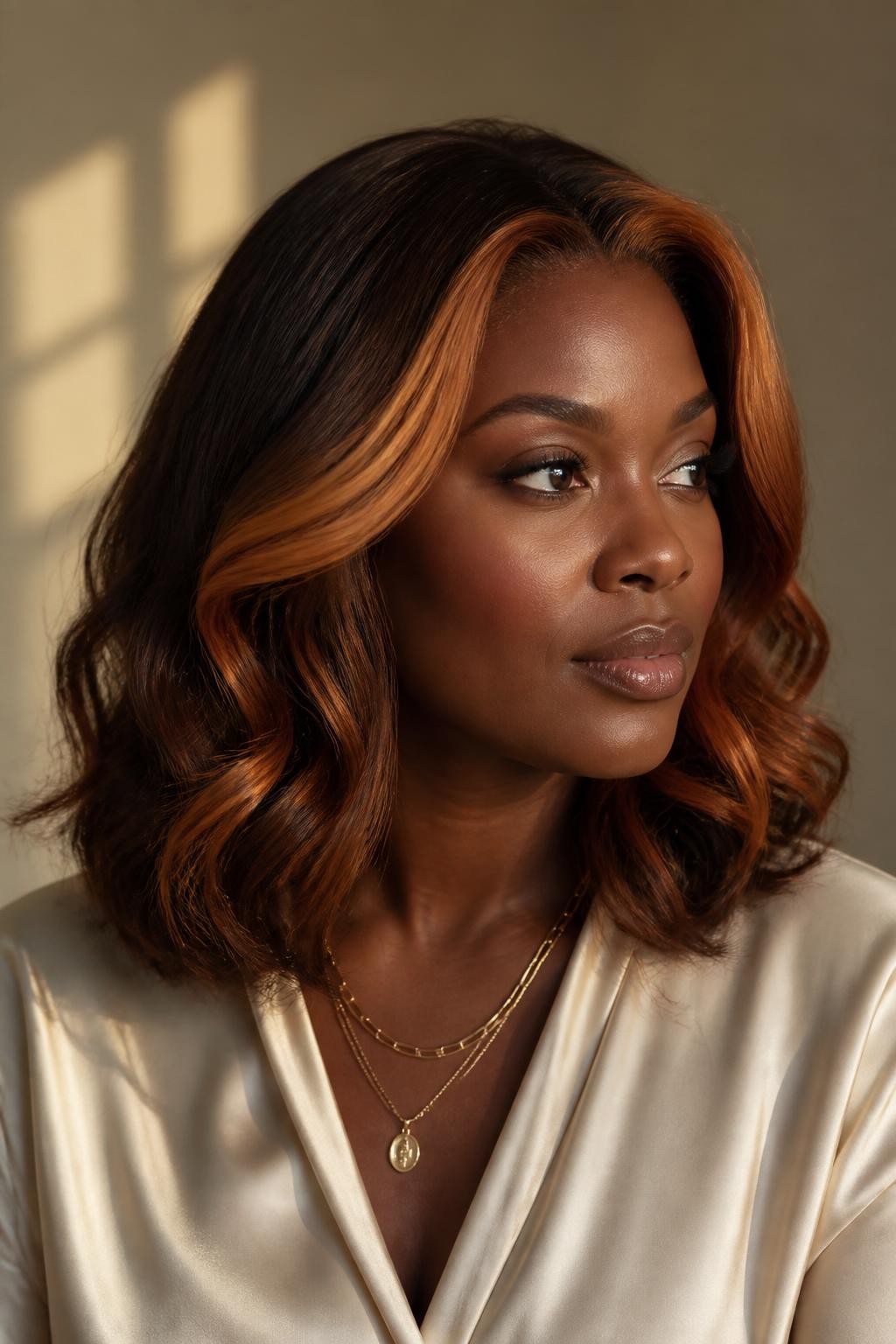 A realistic portrait of a Black woman with deep brown skin and shoulder-length loose waves, deep auburn-brown base with a golden persimmon strawberry-blonde halo, warm persimmon-copper color placed around the complete front hairline, temples, face-framing sections, and a narrow nape panel, soft golden strawberry highlights within the halo, natural dark roots retained for a diffused transition, darker inner hair untouched, no vivid red-orange blocks, cream satin blouse, layered gold necklace, warm taupe background, soft autumn window light, precise halo placement, realistic skin texture and individual strands.