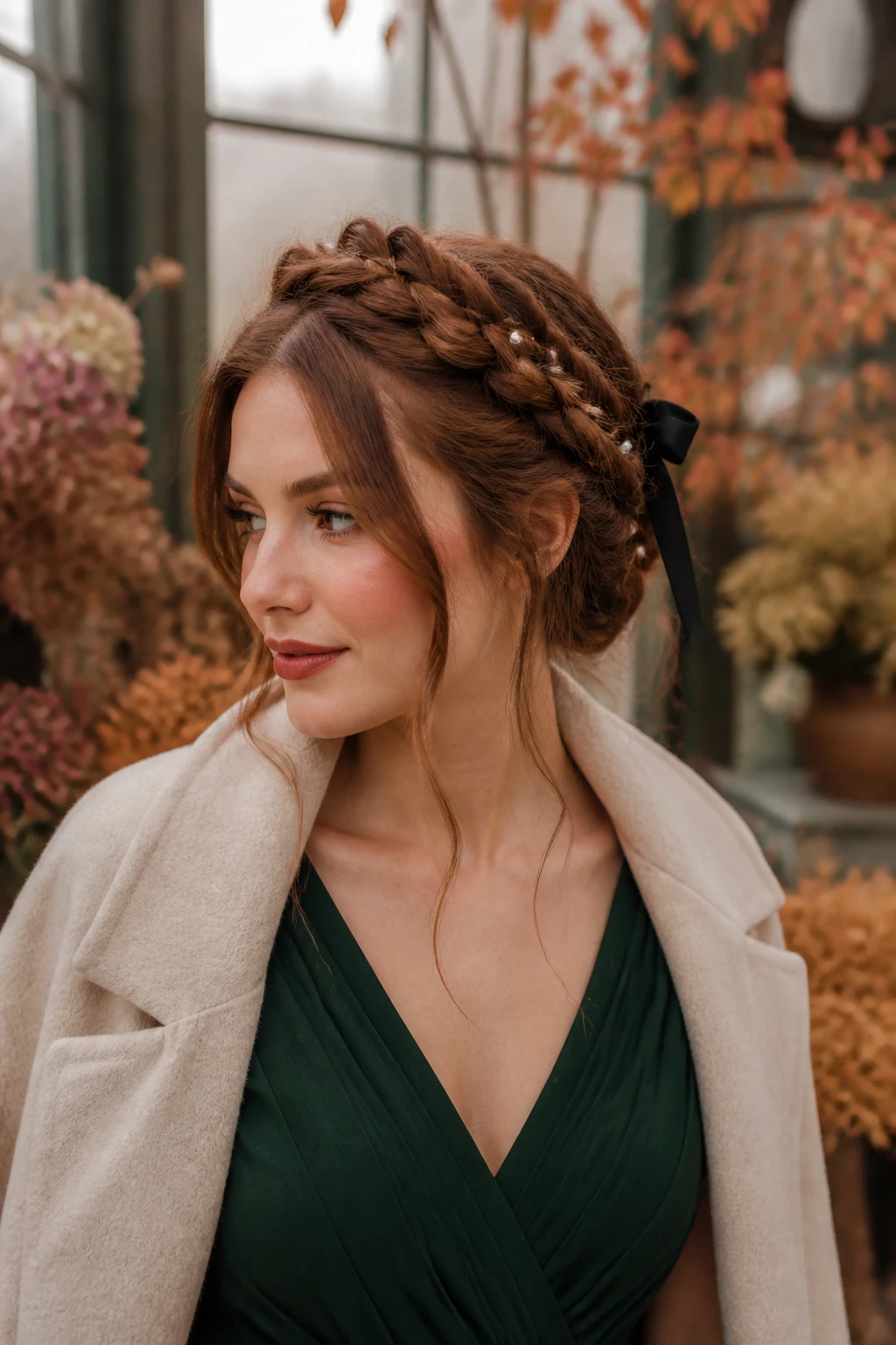 Image Prompt: A realistic fall hair photograph of a woman wearing an elegant loose crown braid decorated with tiny pearl pins and one narrow black velvet bow, soft face-framing pieces left around the cheeks, rich auburn-brown hair with natural dimension, romantic makeup featuring rosy cheeks and softly stained lips, woman wearing a dark forest-green dress with a cream wool coat, standing inside a warm conservatory filled with muted autumn foliage, natural diffused daylight, believable braid construction and accessories, premium DSLR bridal-inspired beauty editorial photography, 85mm lens, no logos, no text, no watermarks on images.