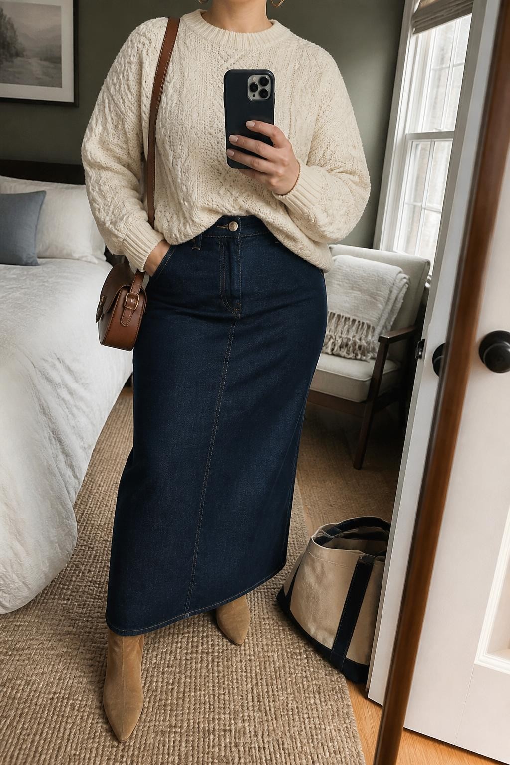 mirror selfie of a curvy woman wearing a cream cable-knit sweater tucked slightly into a dark denim maxi skirt, tan suede ankle boots, gold hoop earrings, and a cognac leather crossbody bag, clearly showing the same clothing items, colors, fabrics, and accessories listed in the Outfit Pieces section, holding a phone in front of a mirror, cropped at NECK so the face does not show, with a relaxed casual selfie pose, in a cozy bedroom mirror setup, natural window light, including a folded blanket on a chair and a tote bag resting on the floor, latest iPhone photo quality.