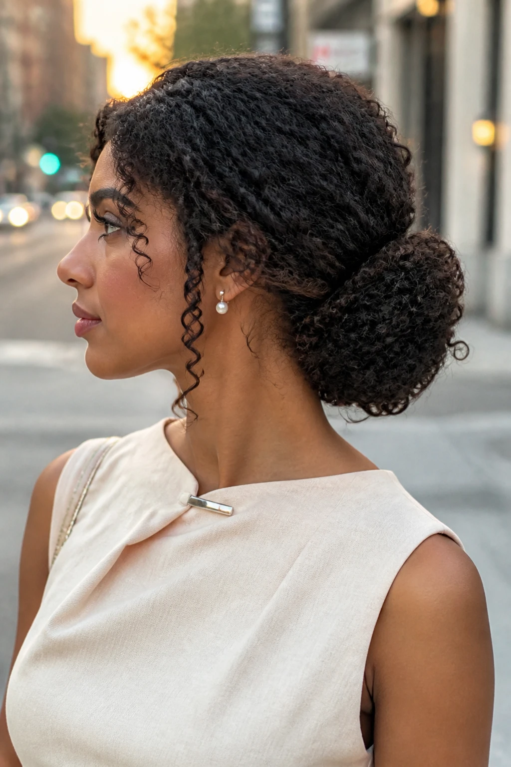 Image prompt
Photo of a woman wearing a side-swept 3B curly updo with springy ringlets pinned into a soft low shape behind one ear, gentle volume at the crown, and two face-framing curls, side profile view against a softly blurred city street background, golden hour glow, containing a small lived-in detail such as pearl earrings peeking through and a slim hair clip attached to her dress collar, realistic candid photograph, latest iPhone photo quality