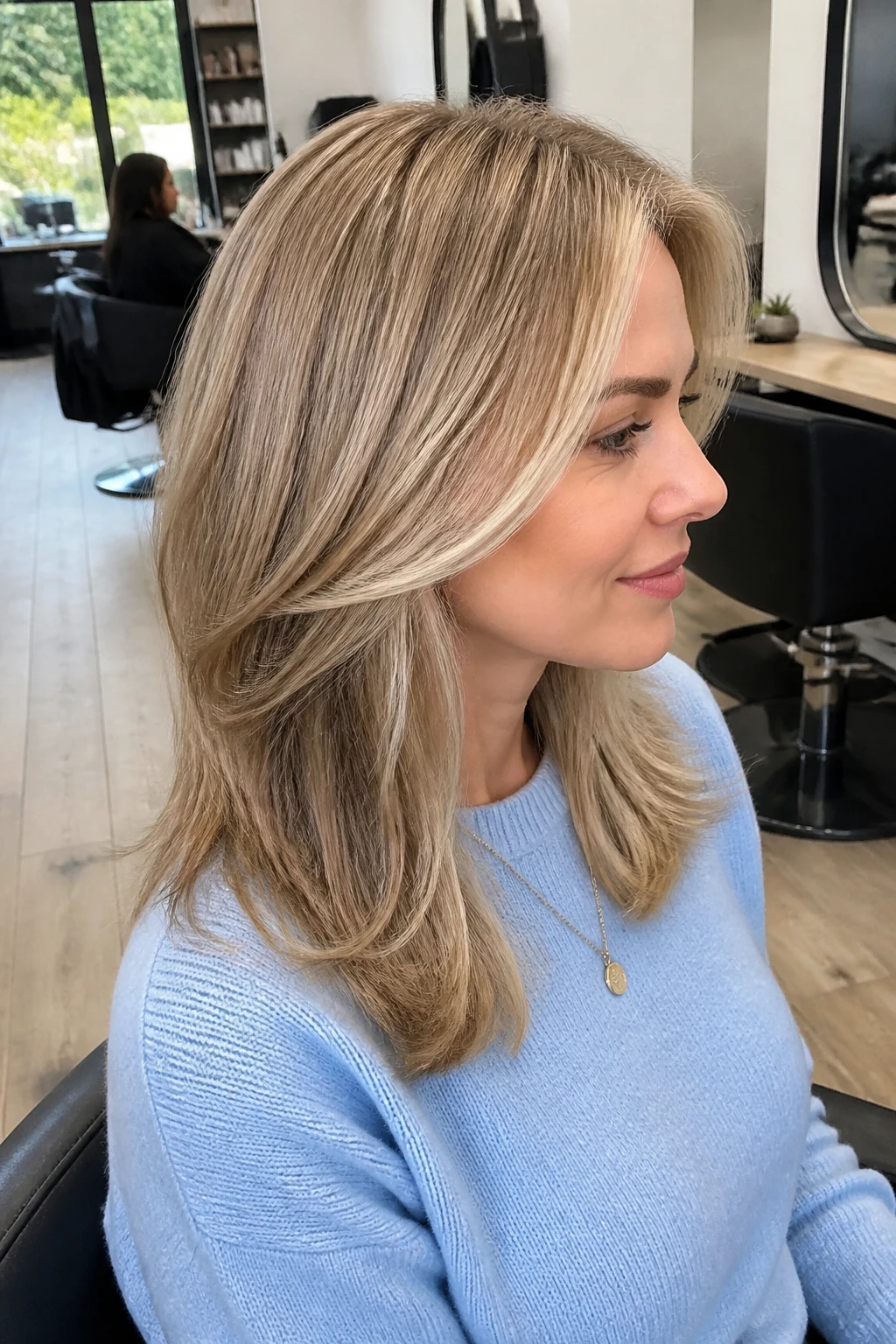 A realistic salon portrait of a woman with fair skin and medium-length layered hair, buttered oat blonde base, creamy neutral-blonde throughout, soft cocoa-brown panels placed beneath the crown, behind the ears, and through the nape, pale oat highlights along the hairline, gentle beige root blend, loose airy blowout, no sharp black blocks or yellow blonde, light blue sweater, bright salon interior, natural daylight, realistic hair density, subtle strand separation and healthy shine.