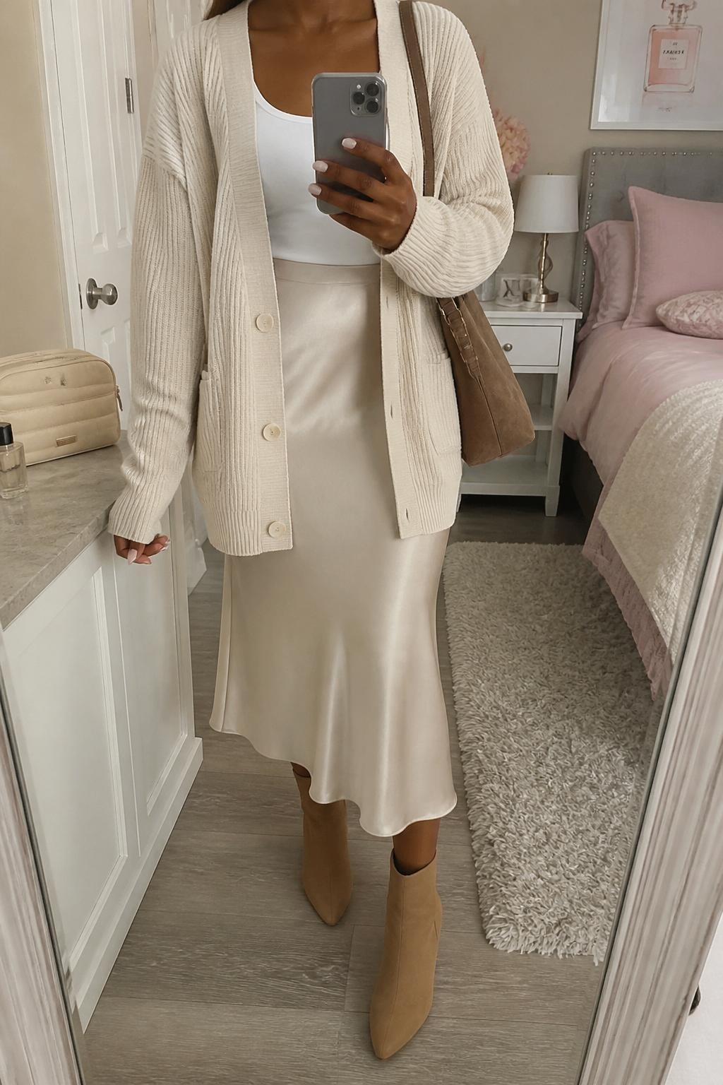 mirror selfie of a Black woman wearing an oatmeal ribbed cardigan, white fitted scoop-neck top, champagne satin midi skirt, tan ankle boots, and a soft brown suede shoulder bag, clearly showing the same clothing items, colors, fabrics, and accessories listed in the Outfit Pieces section, holding a phone in front of a mirror, cropped at NECK so the face does not show, with a relaxed casual selfie pose, in a feminine-themed bedroom, soft indoor lighting, including a coffee mug on a bedside table and a cosmetic bag on the counter, latest iPhone photo quality.