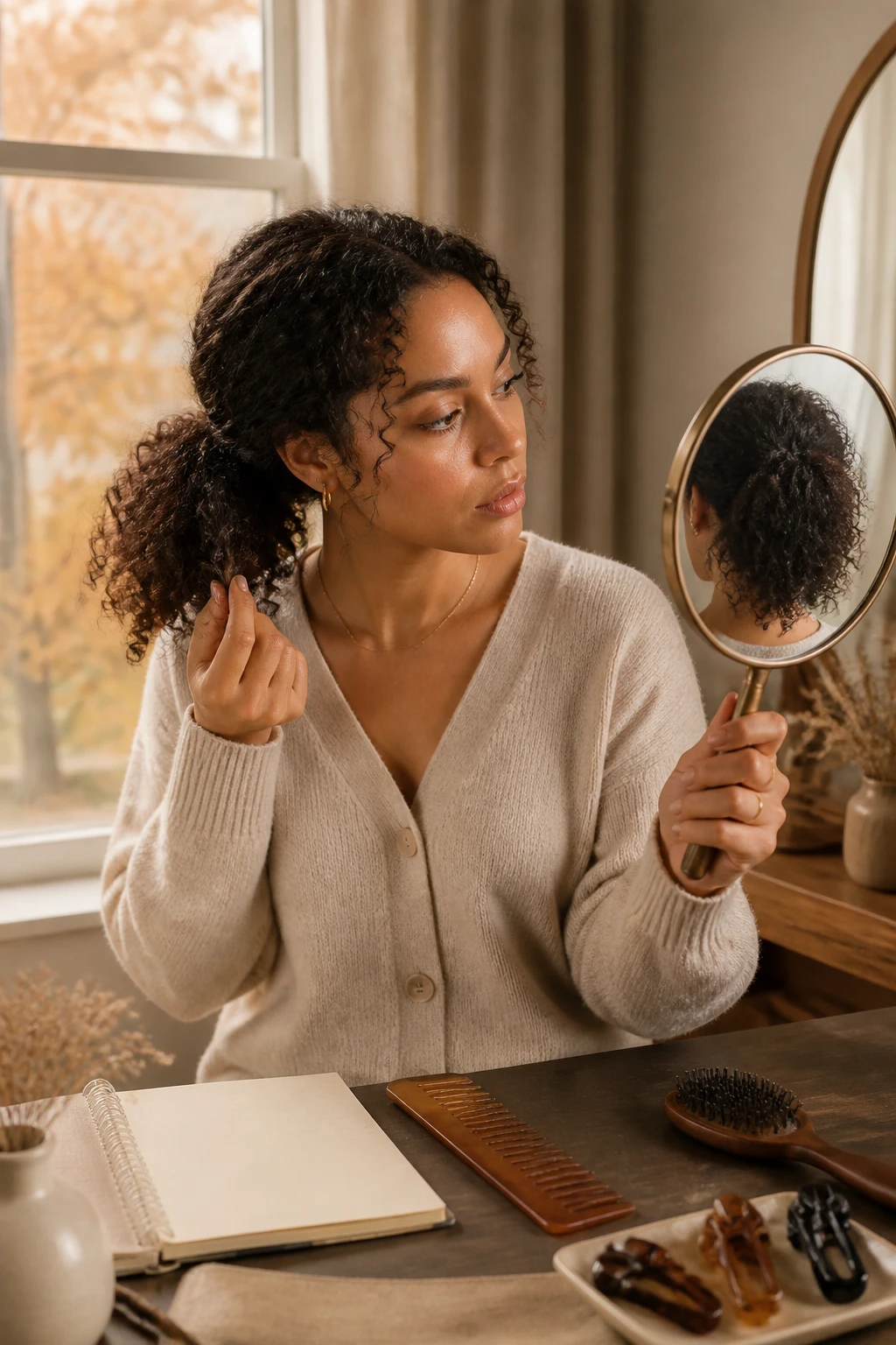 Image Prompt: A realistic DSLR beauty photograph of a woman completing a weekly hair health check at a softly lit vanity, examining the ends of her shoulder-length curls and comparing the fullness of her ponytail in a hand mirror, small journal, wide-tooth comb, hair clips, and clean brush arranged nearby, woman wearing an oatmeal cardigan, warm golden skin and naturally textured dark hair, autumn trees visible through the window, calm thoughtful expression, cream, caramel, olive, and rust color palette, realistic loose shed strands without exaggeration, professional haircare editorial photography, 70mm lens, no readable notes, no product branding, no text.