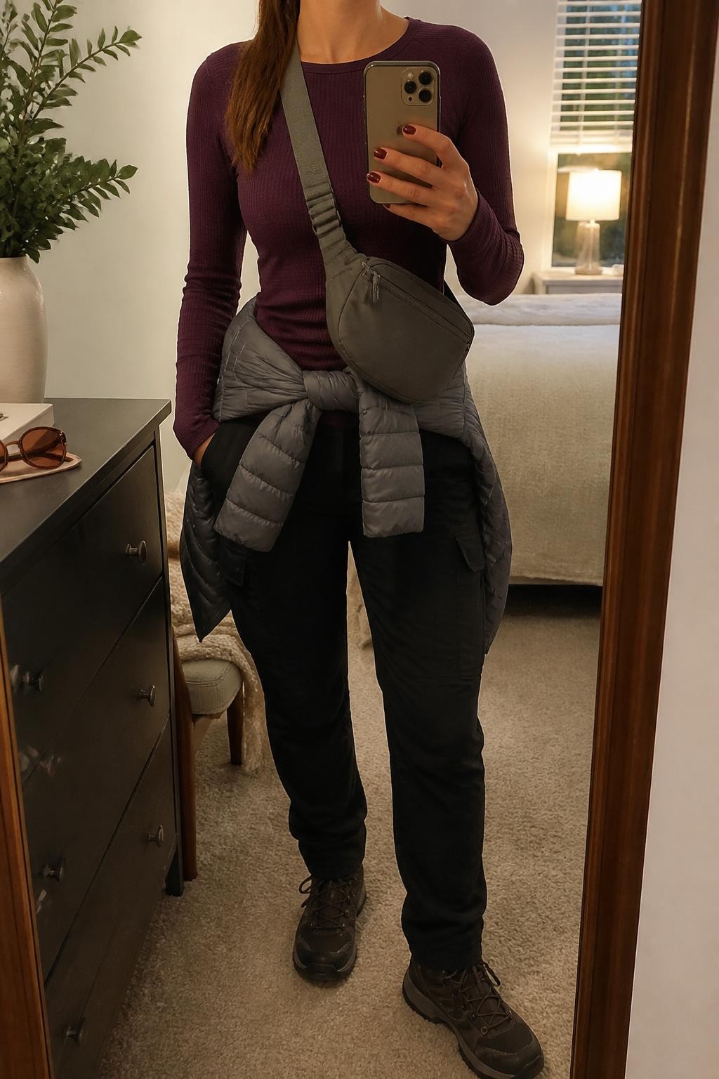 mirror selfie of a woman wearing the exact outfit described above, clearly showing a plum fitted thermal top, black cargo hiking pants, gray lightweight puffer jacket tied around the waist, black hiking boots, and a gray hiking sling bag, holding a phone in front of a mirror, cropped at NECK so the face does not show, with a relaxed casual selfie pose, in a cozy bedroom mirror setup, evening golden hour, with a folded blanket on a chair and sunglasses placed on a dresser, latest iPhone photo quality.