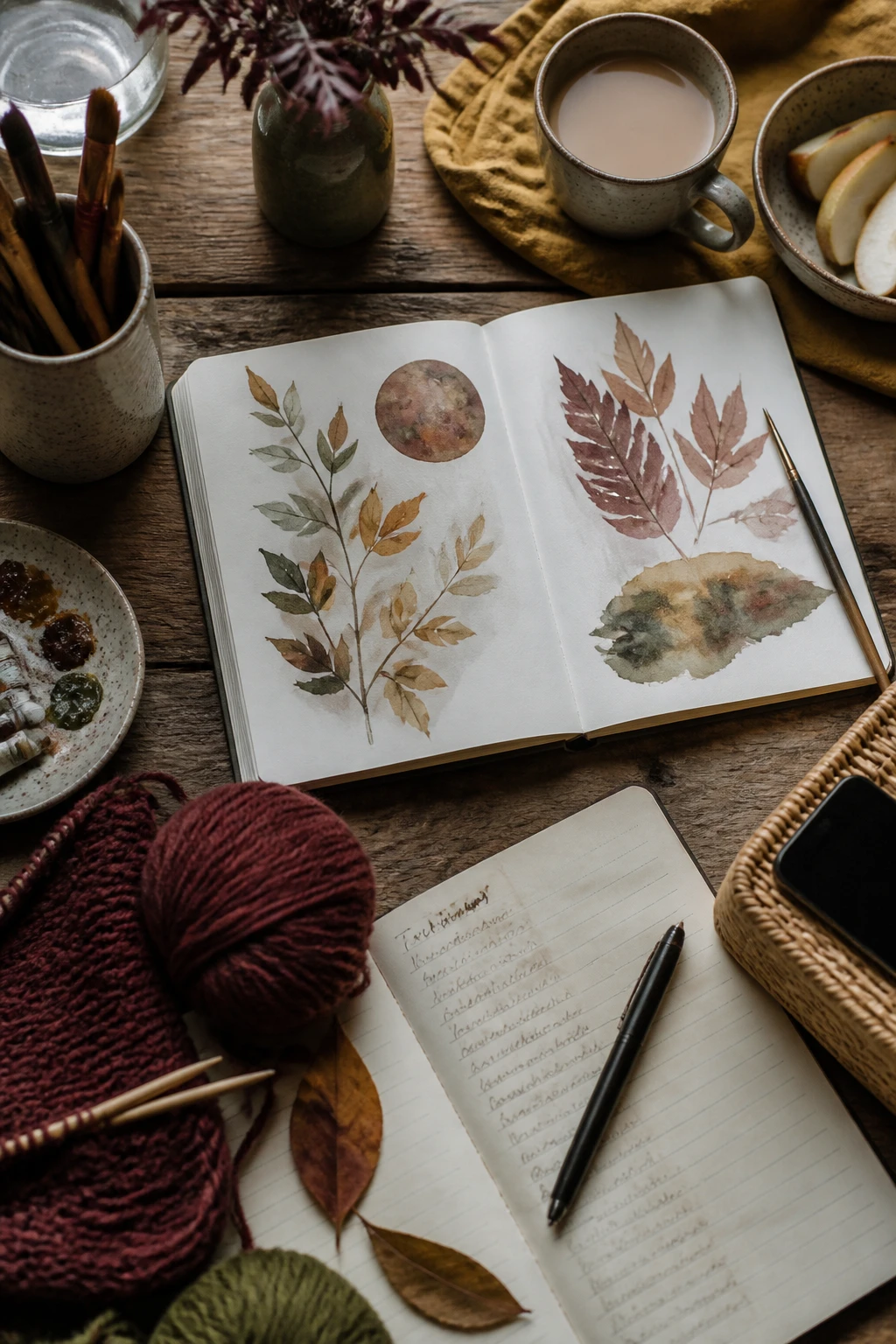 Image Prompt: A realistic overhead DSLR photograph of a cozy fall creative session on a rustic wooden table, an open watercolor sketchbook with simple painted leaves and abstract autumn shapes, ceramic cup holding brushes, knitting yarn, unfinished handwritten journal page, warm chai in a speckled mug, small bowl of sliced pears, smartphone placed face down inside a closed woven basket at the edge of the scene, soft window light, muted mustard, burgundy, olive, cream, and brown color palette, natural shadows, believable paper and fabric textures, calm editorial flat-lay photography, 35mm lens, no readable private writing, no text overlay.