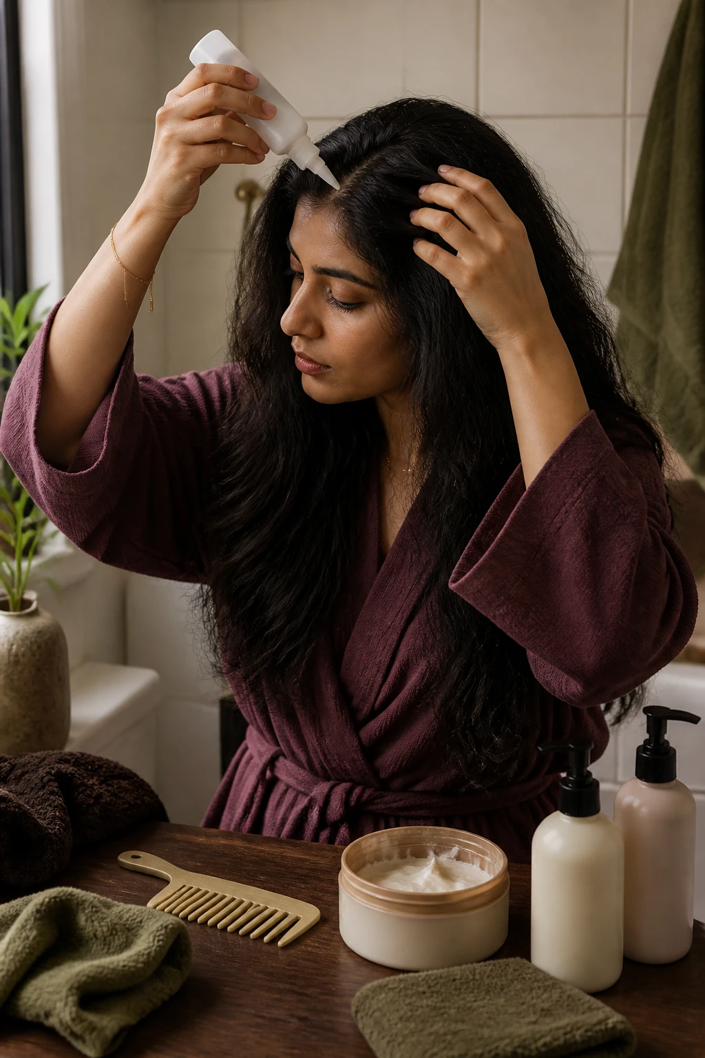 Image Prompt: A detailed realistic beauty photograph of a South Asian woman examining and caring for her scalp during a fall wash-day routine, long thick dark hair separated into clean sections while she uses a narrow-tip scalp treatment applicator, wide-tooth comb, gentle shampoo, deep conditioner and microfiber towel arranged on a walnut bathroom counter, woman wearing a muted plum robe, warm natural side lighting, cream tiles and olive towels, visible realistic scalp partings and individual hair strands, premium DSLR haircare editorial photography, 85mm lens, no product branding, no text.
