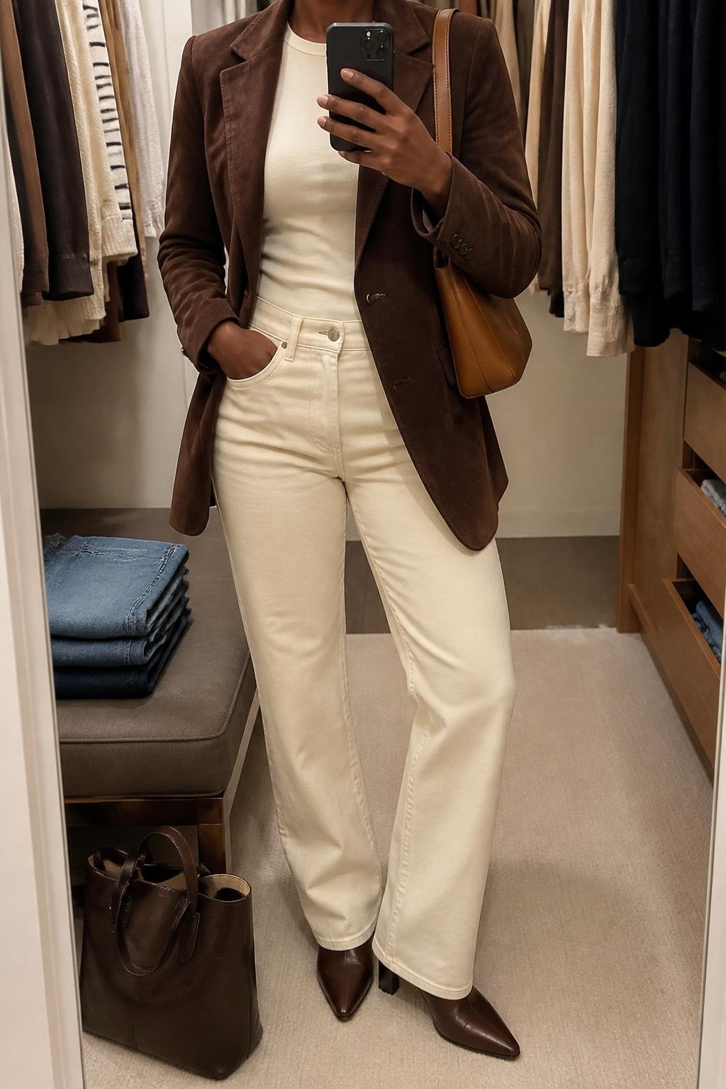 mirror selfie of a Black woman wearing an espresso brown suede blazer, fitted cream crew-neck top, ecru straight-leg jeans, brown pointed ankle boots, and a caramel leather shoulder bag, clearly showing the same clothing items, colors, fabrics, and accessories listed in the Outfit Pieces section, holding a phone in front of a mirror, cropped at NECK so the face does not show, with a relaxed casual selfie pose, in a walk-in closet mirror, soft indoor lighting, including folded denim jeans on a bench and a tote bag resting on the floor, latest iPhone photo quality.