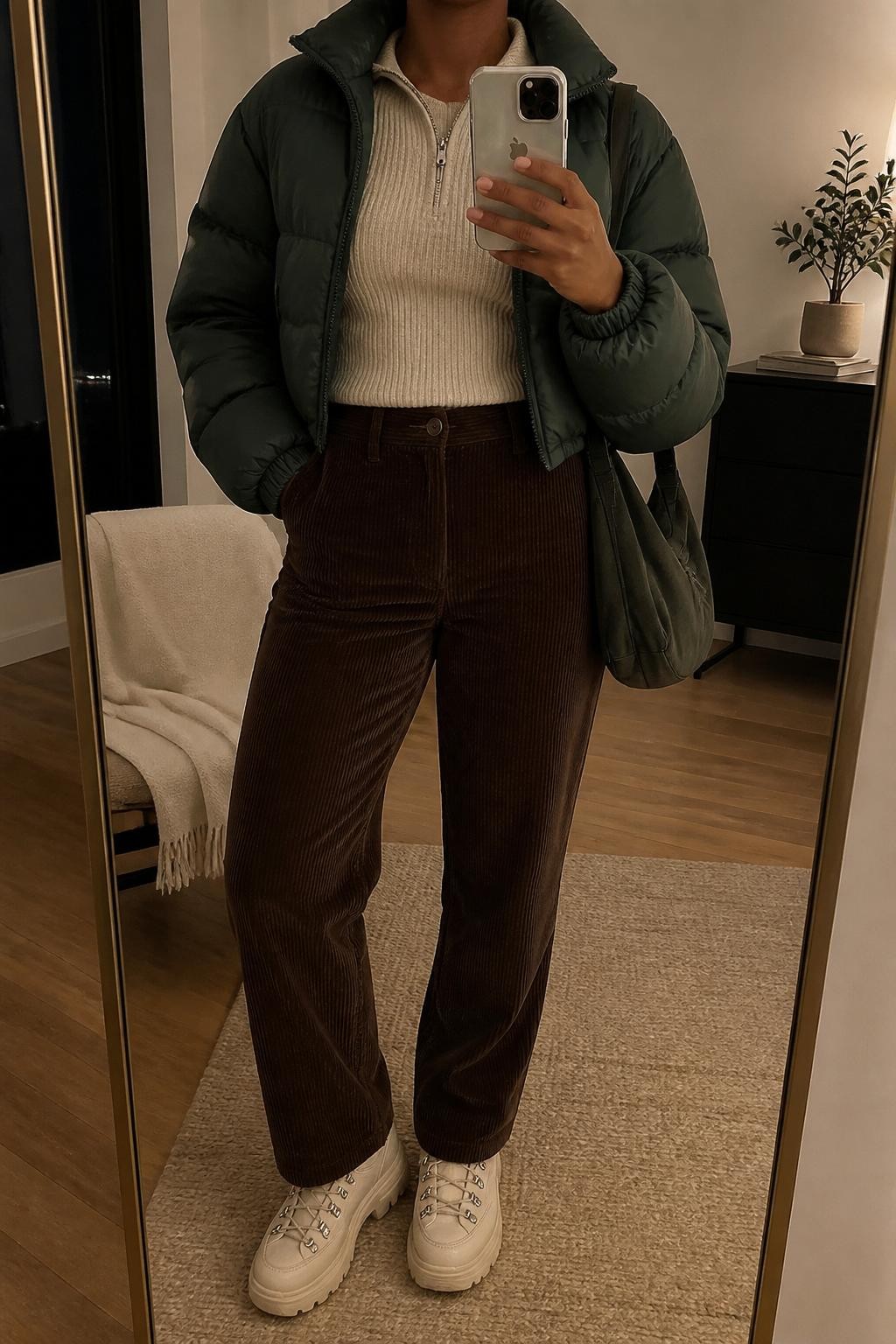 Mirror selfie of a Black woman with warm brown skin wearing a cropped forest green puffer jacket over a fitted oatmeal half-zip knit sweater, high-waisted chocolate brown corduroy pants with a relaxed straight-leg cut, cream hiking-inspired sneakers, and a dark green nylon shoulder bag, clearly showing the exact clothing items, colors, textures, and accessories listed, holding a latest-model iPhone in front of a mirror, cropped at the neck so the face does not show, relaxed casual selfie pose, in a stylish city apartment with warm moody lighting, a folded blanket on a chair and a small plant on a dresser, realistic uncluttered setting, latest iPhone photo quality.