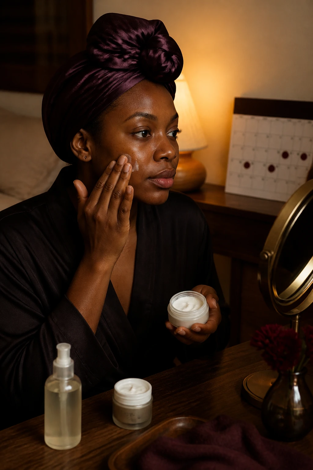 Image Prompt: A cinematic nighttime beauty photograph of a Black woman with rich dark skin completing a careful retinoid evening routine in a softly lit bedroom vanity area, applying a pea-sized amount of unbranded cream to fully dry skin while a gentle cleanser and rich moisturizer sit nearby, natural hair wrapped in a dark plum satin scarf, clean bare face with realistic texture, small weekly calendar suggesting spaced treatment nights, warm amber table lamp, cream wall, walnut vanity and muted burgundy details, premium DSLR skincare editorial photography, 85mm lens, no product labels, no text.