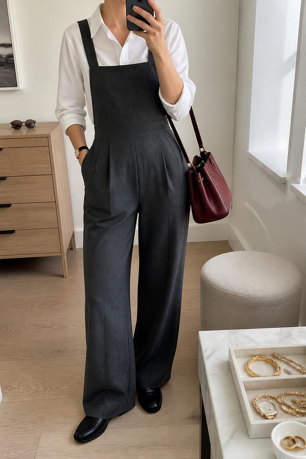 mirror selfie of a woman wearing charcoal gray wool-blend tailored overalls with wide legs over a crisp white button-down shirt, black leather loafers, a slim black watch, and a structured burgundy handbag, clearly showing the same clothing items, colors, fabrics, footwear, and accessories listed in the Outfit Pieces section, holding a phone in front of a mirror, cropped at NECK so the face does not show, with a relaxed casual selfie pose, in a minimal dressing room, natural window light, including a jewelry tray on the vanity and sunglasses placed on a dresser, latest iPhone photo quality.