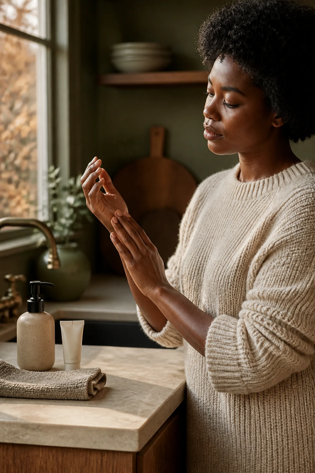 Image Prompt: A realistic lifestyle beauty photograph of a Black woman with deep brown skin completing a fall hand-care routine beside a kitchen sink, gently patting her hands dry before massaging in a rich fragrance-free hand cream, short natural nails with neat cuticles, cream knit sleeves pushed back, unbranded pump cleanser and small hand cream tube beside a folded towel, copper leaves visible beyond the window, warm afternoon light, natural wood, cream stone and muted olive kitchen palette, detailed skin and fabric textures, editorial DSLR photography, 85mm lens, no product labels, no text.
