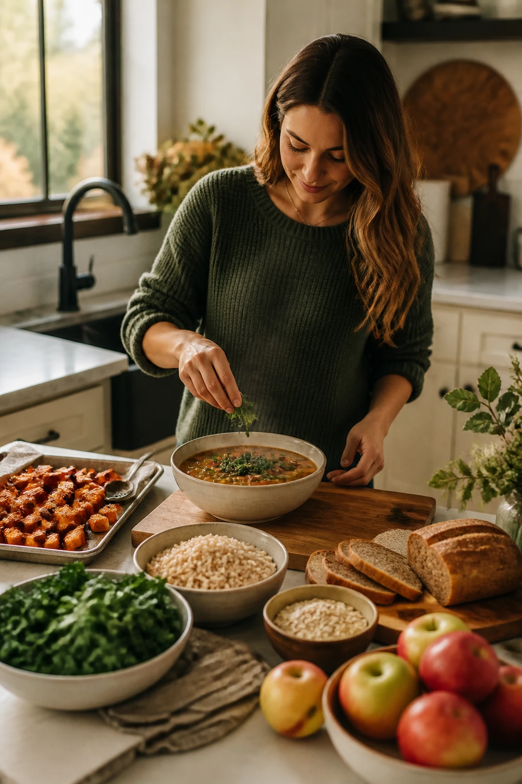 Image Prompt: A realistic DSLR food and lifestyle photograph of a woman planning nourishing fall meals at a bright kitchen island, wearing a soft forest-green sweater with the sleeves pushed back, preparing a bowl of vegetable and bean soup beside roasted sweet potatoes, brown rice, leafy greens, apples, oats and whole-grain bread, warm steam rising naturally, wooden chopping board, ceramic bowls and linen napkins, cream kitchen cabinets with dark wood accents, soft golden afternoon light, realistic food textures, editorial wellness photography, 35mm lens, no product packaging, no text.
