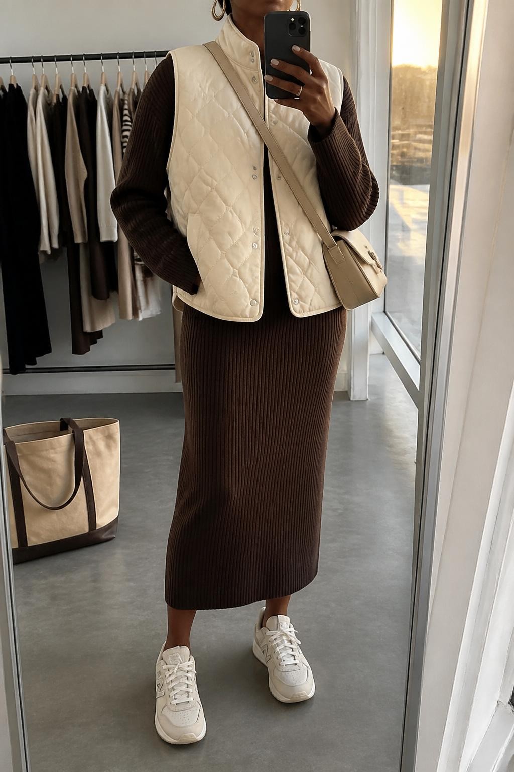 mirror selfie of a Black woman wearing the exact outfit described above, clearly showing an ivory quilted vest jacket layered over a chocolate brown knit sweater and matching chocolate knit midi skirt, cream sneakers, a beige crossbody bag, and small gold hoop earrings, holding a phone in front of a mirror, cropped at NECK so the face does not show, with a relaxed casual selfie pose, in a fashion studio mirror corner, evening golden hour, with clothing rack with garments behind and a tote bag resting on the floor, latest iPhone photo quality.