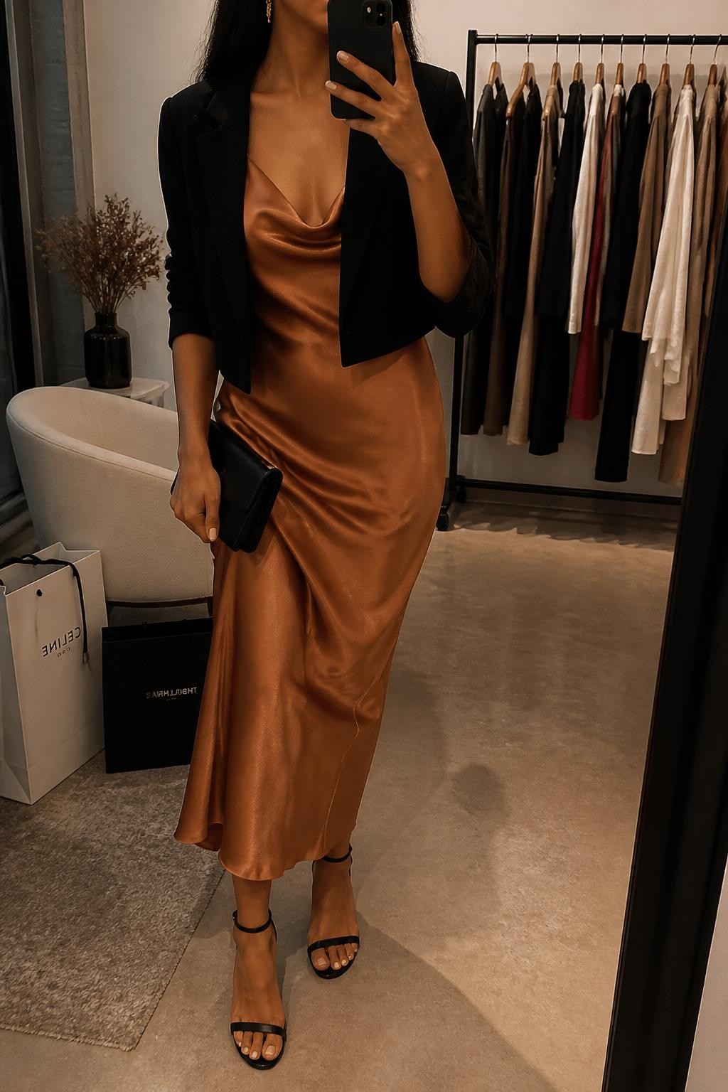 mirror selfie of a Latina woman wearing a copper satin slip dress, black cropped blazer, black ankle-strap heels, gold drop earrings, and a black mini clutch, holding a phone in front of a mirror, cropped at NECK so the face does not show, relaxed casual selfie pose, in a fashion studio mirror corner with warm moody lighting, including a clothing rack with garments behind and shopping bags beside a chair, realistic latest iPhone photo quality.