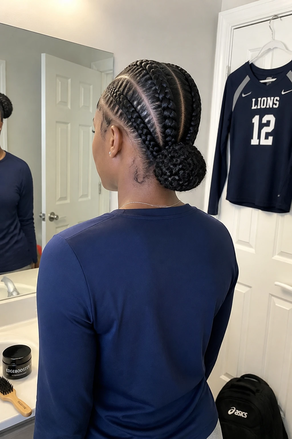 Image prompt

Photo of a Black woman wearing a sporty cornrow crown with four neat front-to-back braids gathered into a compact low curly bun, back-of-head view highlighting the braid pattern and secure bun, standing beside a bathroom mirror before volleyball training, soft indoor lighting, containing a small lived-in detail such as edge gel and a hairbrush on the counter, a gym bag by the door, and a volleyball jersey hanging nearby, realistic getting-ready moment, latest iPhone photo quality.