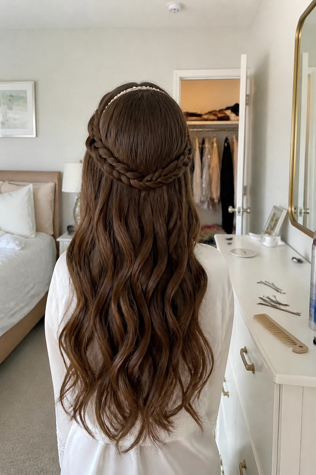 Image prompt

Photo of a woman wearing long curls with two soft side braids crossing at the back like a crown and a slim ivory headband placed near the hairline, back-of-head view in a bright bedroom, natural window light, containing a small lived-in detail such as bobby pins on the dresser, a wide-tooth comb nearby, and a slightly open closet behind her, realistic getting-ready moment, latest iPhone photo quality.