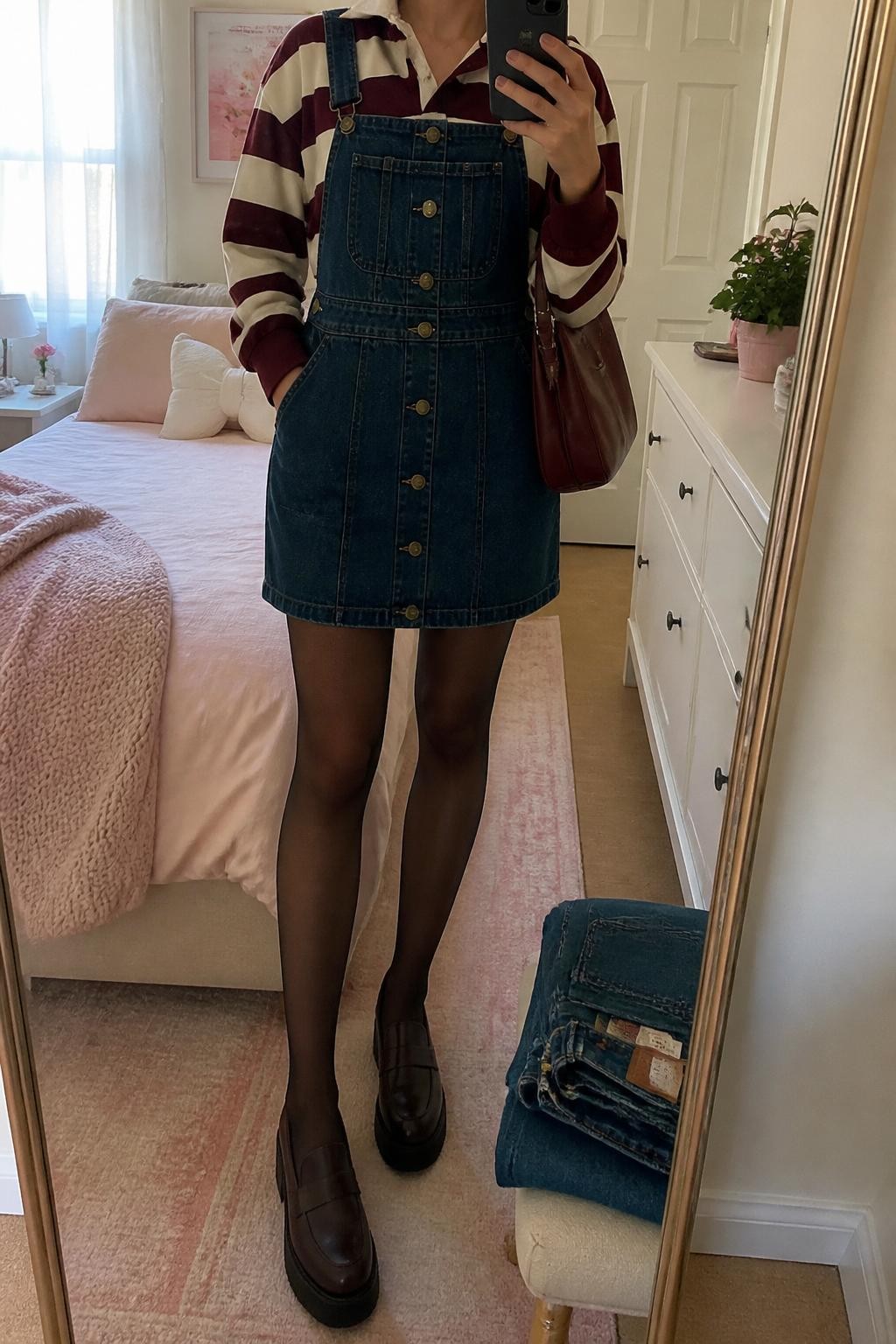 mirror selfie of a woman wearing dark-wash denim skirt overalls with a front button detail over a burgundy and cream striped rugby shirt, sheer brown tights, brown leather platform loafers, and a burgundy shoulder bag, clearly showing the same clothing items, colors, fabrics, footwear, and accessories listed in the Outfit Pieces section, holding a phone in front of a mirror, cropped at NECK so the face does not show, with a relaxed casual selfie pose, in a feminine-themed bedroom, natural window light, including a small plant on a dresser and folded denim jeans on a bench, latest iPhone photo quality.