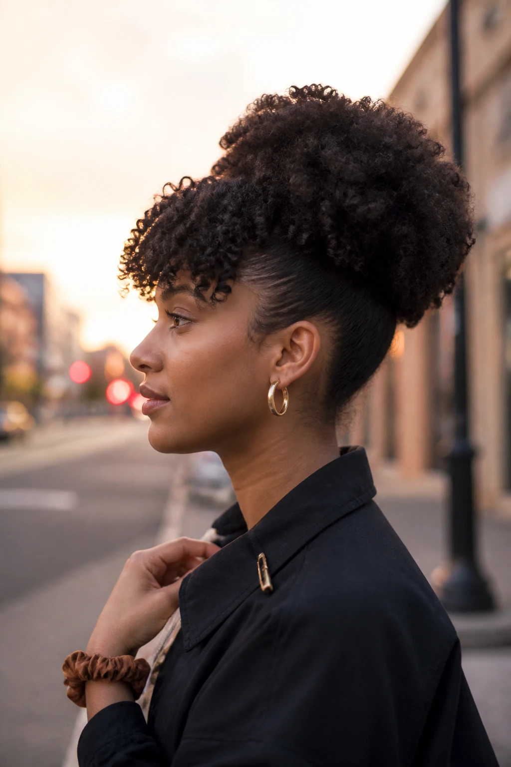 Image prompt

Photo of a woman wearing a high rounded 4A curly puff with short defined curly bangs resting softly across the forehead and neatly smoothed sides, side profile view against a softly blurred city street background, golden hour glow, containing a small lived-in detail such as gold hoop earrings, a spare scrunchie on her wrist, and a slim hair clip attached to her jacket collar, realistic candid photograph, latest iPhone photo quality.