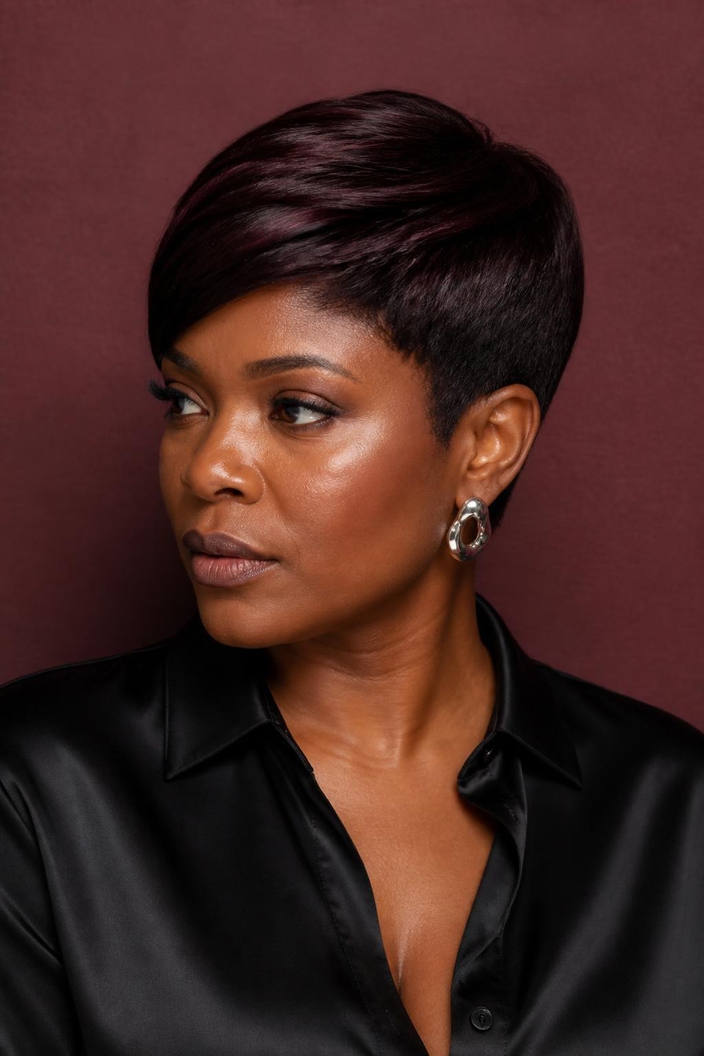 A realistic editorial portrait of a Black woman with rich dark skin wearing a sleek tapered pixie, near-black espresso roots, deep blackberry-brown color applied evenly through the longer top, subtle plum and wine reflection visible only under direct light, tapered sides slightly darker than the crown, no bright purple or red streaks, smooth side-swept top, softly sculpted hairline, black satin blouse, sculptural silver earrings, muted burgundy studio wall, controlled softbox lighting, realistic skin texture, reflective healthy finish without artificial shine.