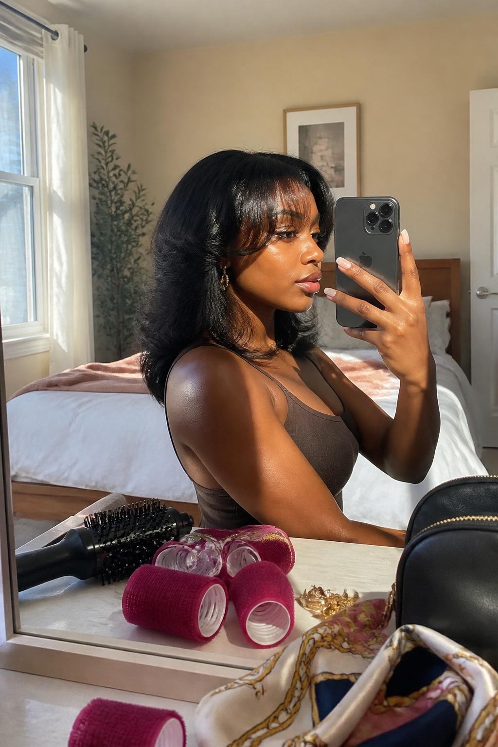 Photo of a Black woman wearing a fluffy shoulder-length blowout with airy layers, wispy eyebrow-length bangs, and softly feathered ends, candid side-profile mirror selfie in a sun-drenched bedroom, natural window light, blow-dry brush and several rollers on the dresser, silk scarf resting beside a makeup bag and statement earrings peeking through, realistic volume and natural movement, latest iPhone photo quality.