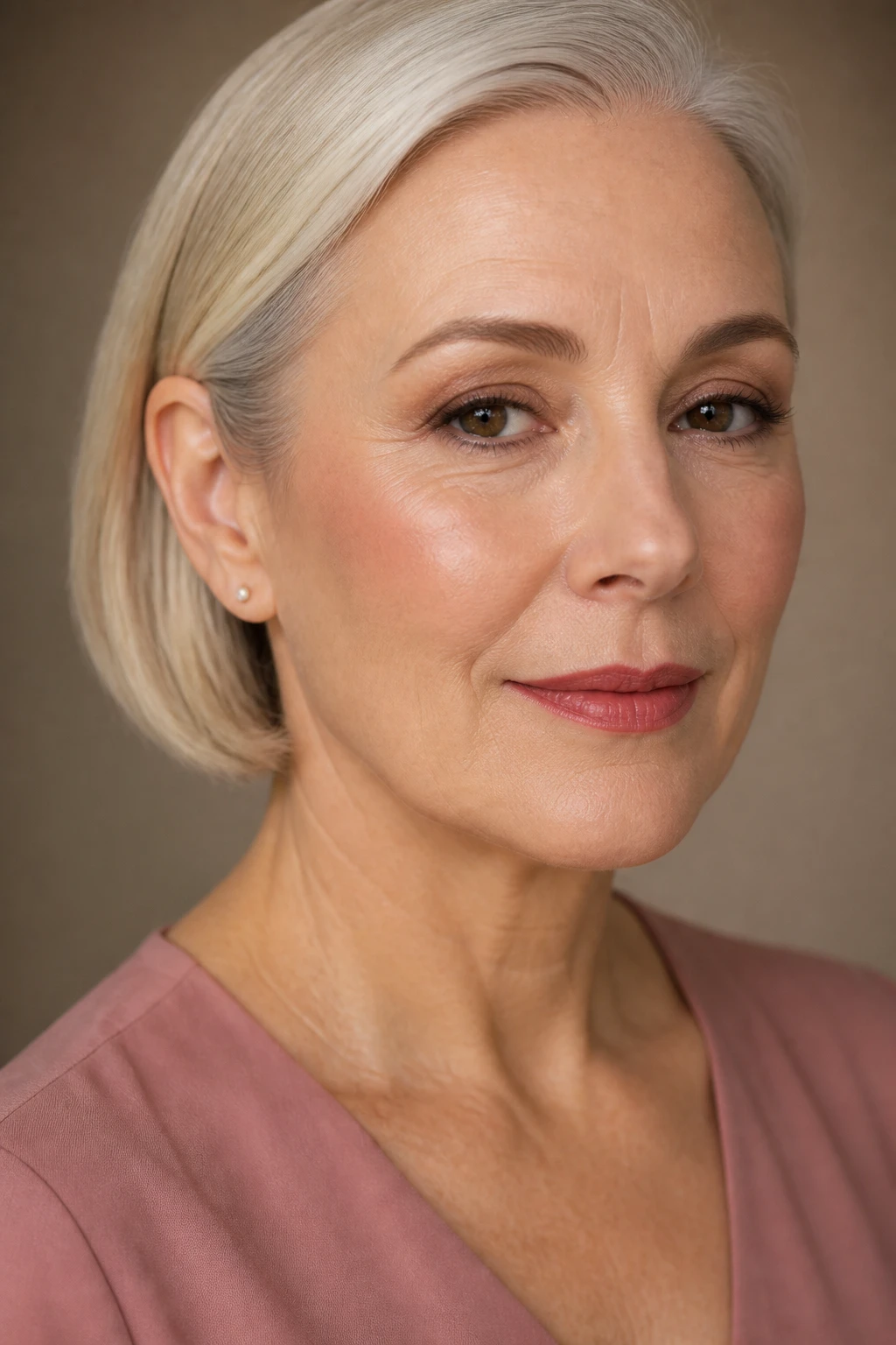 Create a single close professional beauty portrait of a mature woman aged 52 to 60 with fair skin, cool-neutral undertones, softly hooded dark brown eyes, an oval face, and natural fine lines around the eyes and mouth. Her silver-blonde hair is cut into a smooth chin-length bob and tucked completely behind both ears so the makeup remains visible. She wears a plain dusty rose V-neck blouse with no patterns.
Blend matte cinnamon-taupe eyeshadow from the upper lash lines across the mobile lids and slightly above the natural crease. Keep the colour softly diffused and visible when her eyes are open, with no harsh crease stripe. Place a small amount of muted cocoa-taupe at the outer corners for gentle depth. Add a restrained satin beige highlight at the inner corners, avoiding glitter. Work satin cocoa-brown pencil between the upper lashes and directly against the lash roots, keeping the line thin and softly blended. Sweep a light veil of taupe beneath the outer two-thirds of the lower lash lines. Apply lengthening brown-black mascara to separated natural lashes with no dense false lashes. Groom the brows into a soft shape, preserving individual silver-brown hairs and natural sparseness.
Use a lightweight satin foundation that matches the face, neck, and chest without settling heavily into fine lines. Preserve pores, normal texture, fine facial hairs, natural under-eye detail, and subtle expression lines. Apply muted rose blush high on the cheeks with a soft upward blend. Use minimal cool-neutral bronzer and no sharp contour. Add a very subtle satin champagne highlight to the upper cheekbones. Outline the lips lightly with a rose-brick pencil, then apply a blurred brick-red lip stain with slightly softened inner and outer edges. Retain natural lip texture and lines.
Position the model at a gentle side angle with both eyes visible and her gaze directed slightly past the camera. Her face should occupy 70 percent of the frame. Photograph her with a full-frame DSLR and a 100mm portrait lens using gentle side lighting with soft fill to reveal the cinnamon-taupe colour without emphasizing texture. Use a softly blurred warm taupe background and accurate colour balance.
Include accurate mature facial anatomy, aligned pupils, natural eye direction, symmetrical lash definition, individual eyelashes and eyebrow hairs, pores, fine facial hairs, natural lip lines, subtle facial asymmetry, believable skin highlights, accurate colour placement, realistic silver hair strands, and natural proportions.
Avoid plastic skin, erased fine lines, excessive smoothing, chunky glitter, muddy taupe, disappearing eye colour, thick eyeliner, distorted pupils, crossed eyes, duplicate lashes, block brows, enlarged lips, mismatched foundation, harsh contour stripes, metallic highlight streaks, strange teeth, distorted earrings, extra fingers, hands covering the face, floating products, text, logos, watermarks, collages, and split screens.