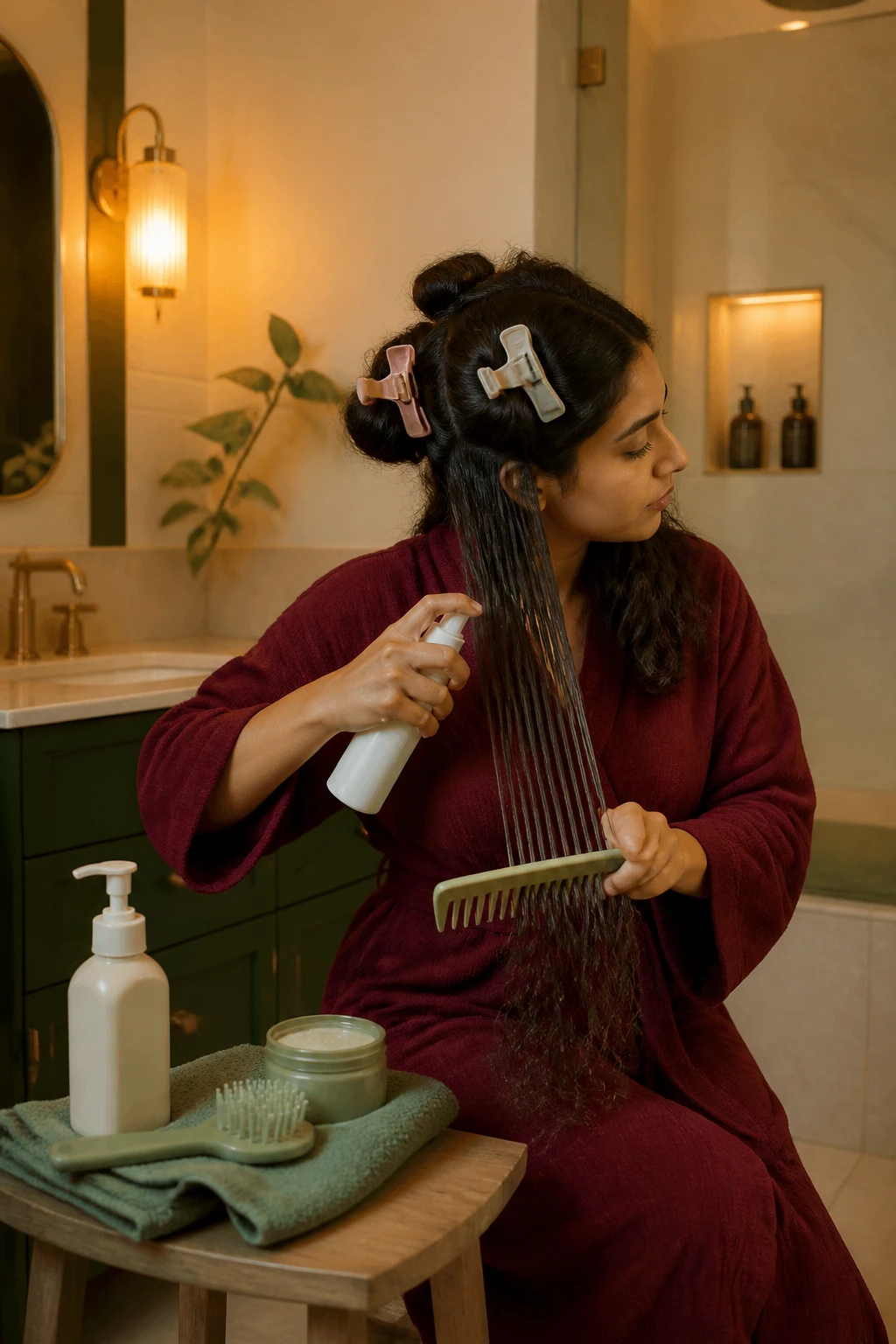 Image Prompt: A detailed photorealistic haircare photograph of a South Asian woman detangling long, thick, wavy hair in four sections before washing, applying a slippery conditioner mist to the ends and using a wide-tooth comb from the bottom upward, remaining sections secured with large clips, woman wearing a soft burgundy robe, spray bottle, detangling brush, conditioner, and microfiber towel arranged on a wooden bathroom stool, warm diffused evening light, cream tile and dark green accents, visible individual hair strands and realistic knots, premium DSLR editorial photography, 70mm lens, no logos, no text.
