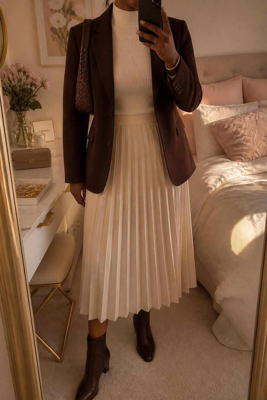 mirror selfie of a Black woman wearing an espresso brown tailored blazer, fitted cream mock-neck top, pleated cream midi skirt, brown leather ankle boots, and a woven brown shoulder bag, clearly showing the same clothing items, colors, fabrics, and accessories listed in the Outfit Pieces section, holding a phone in front of a mirror, cropped at NECK so the face does not show, with a relaxed casual selfie pose, in a feminine-themed bedroom, evening golden hour, including soft pillows on an unmade bed and a jewelry tray on the vanity, latest iPhone photo quality.